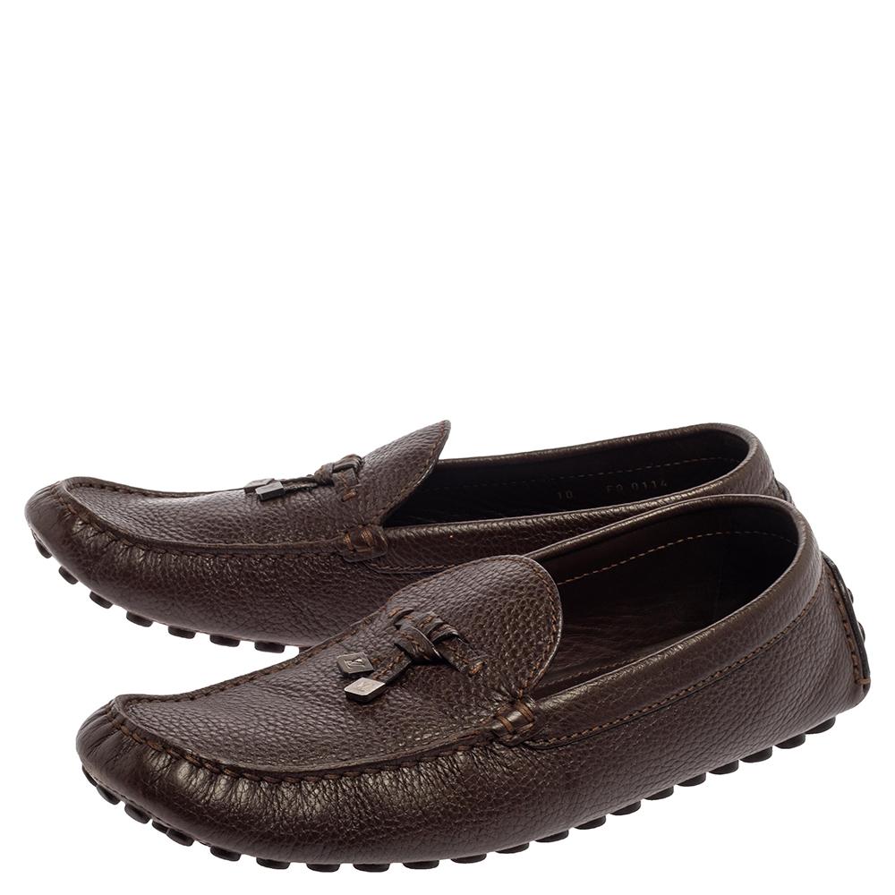 Men's Louis Vuitton Brown Leather Logo Bow Slip On Loafers Size 44 For Sale