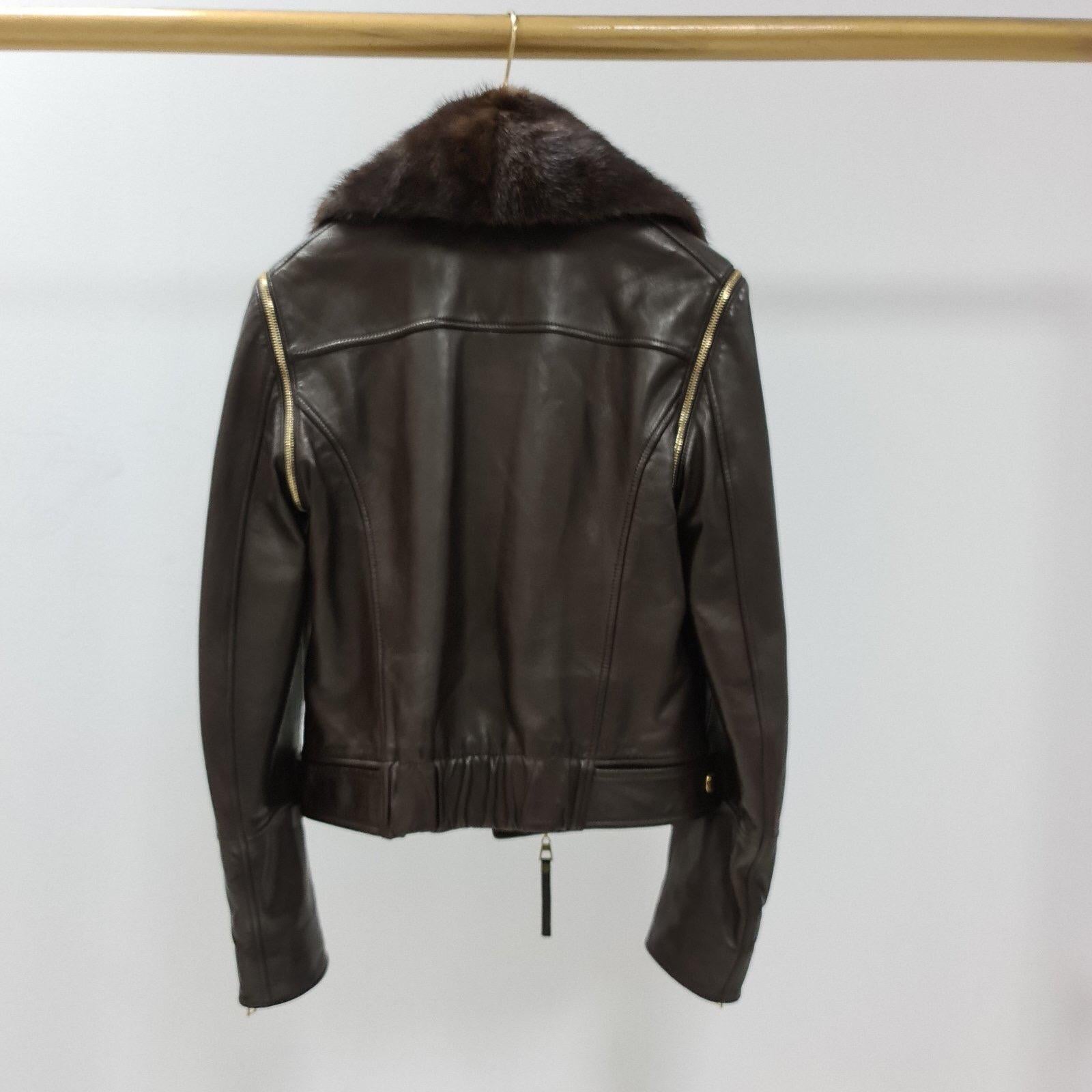 Louis Vuitton Brown Leather Mink Collar Biker Jacket In Good Condition In Krakow, PL