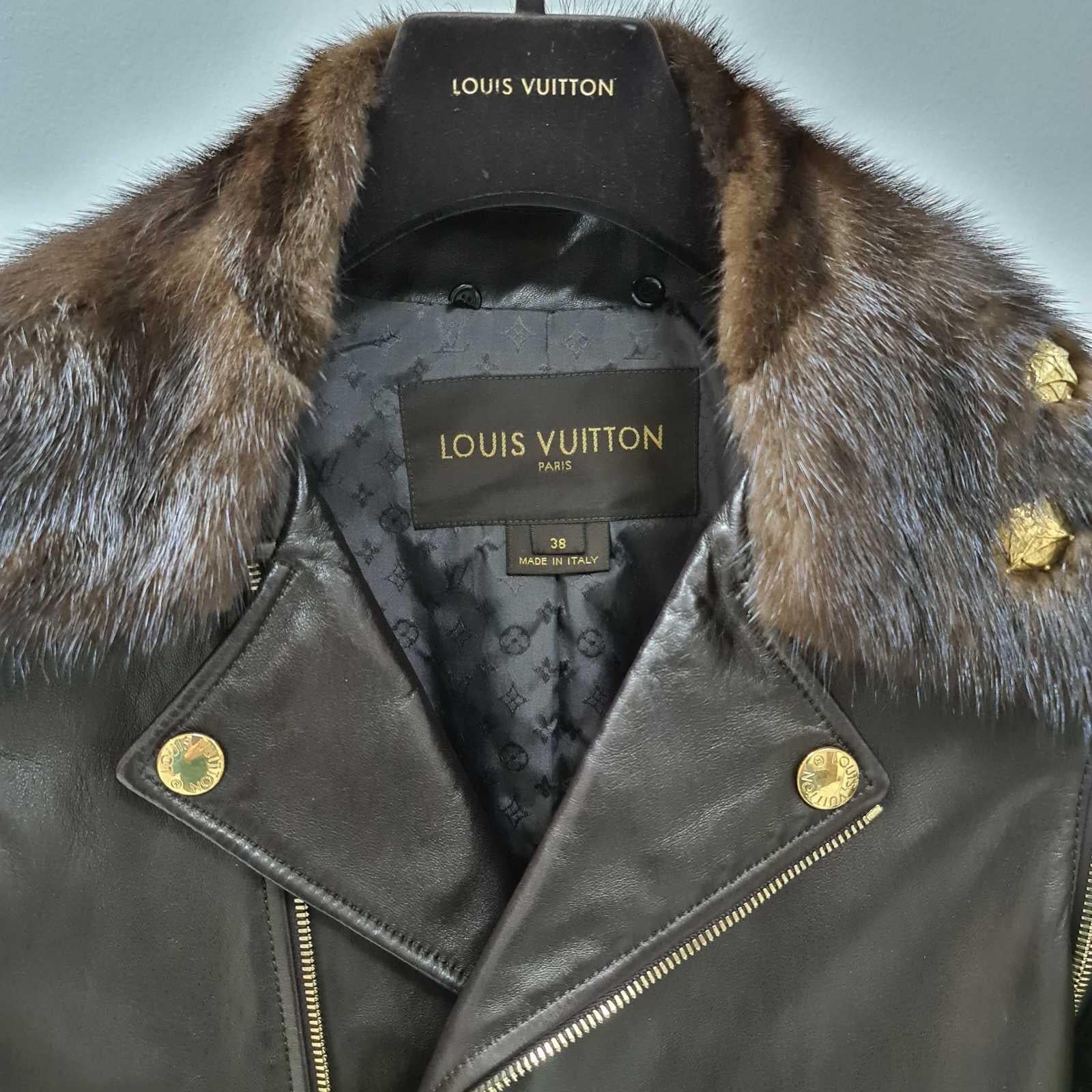 Women's Louis Vuitton Brown Leather Mink Collar Biker Jacket