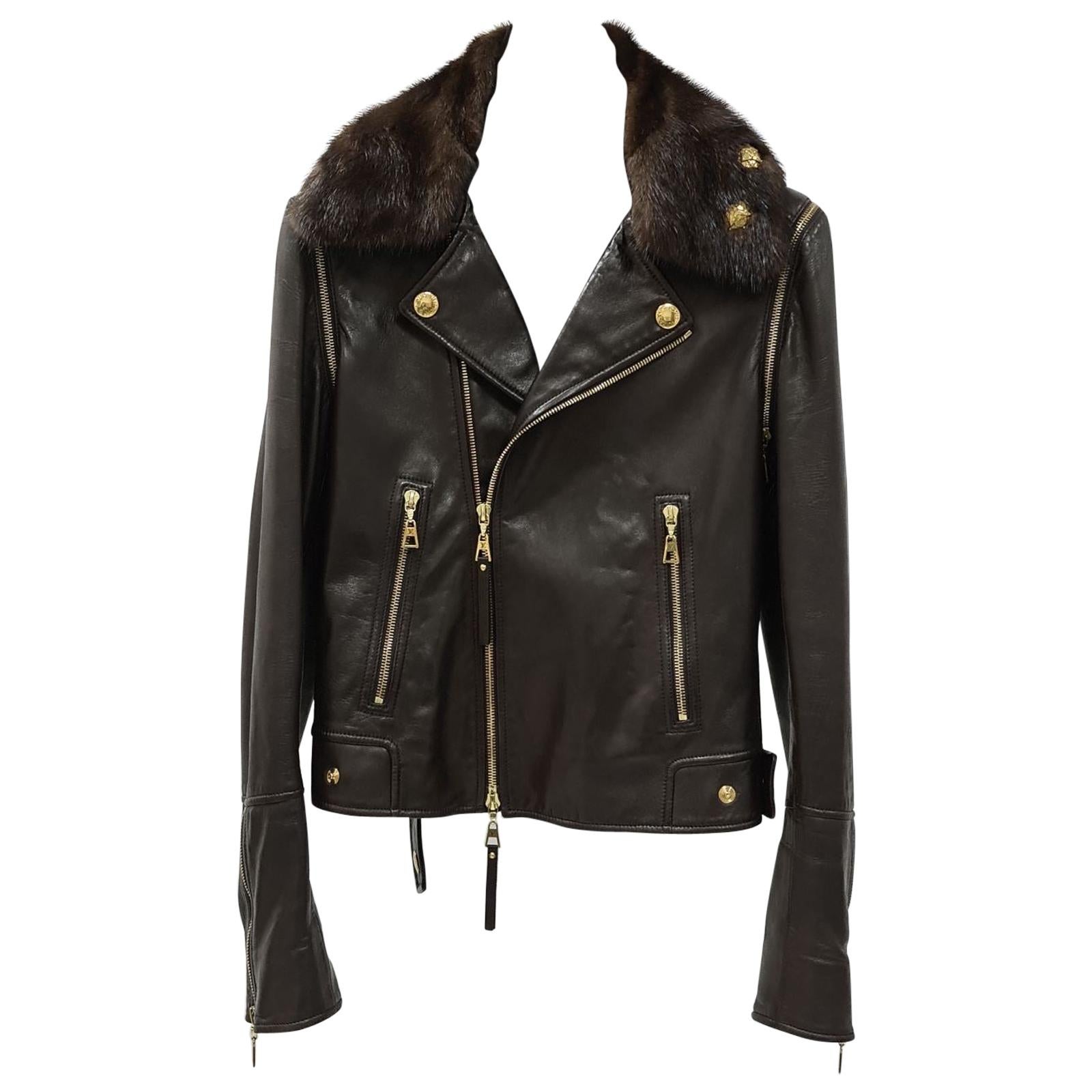 Louis Vuitton Brown Leather Mink Collar Biker Jacket