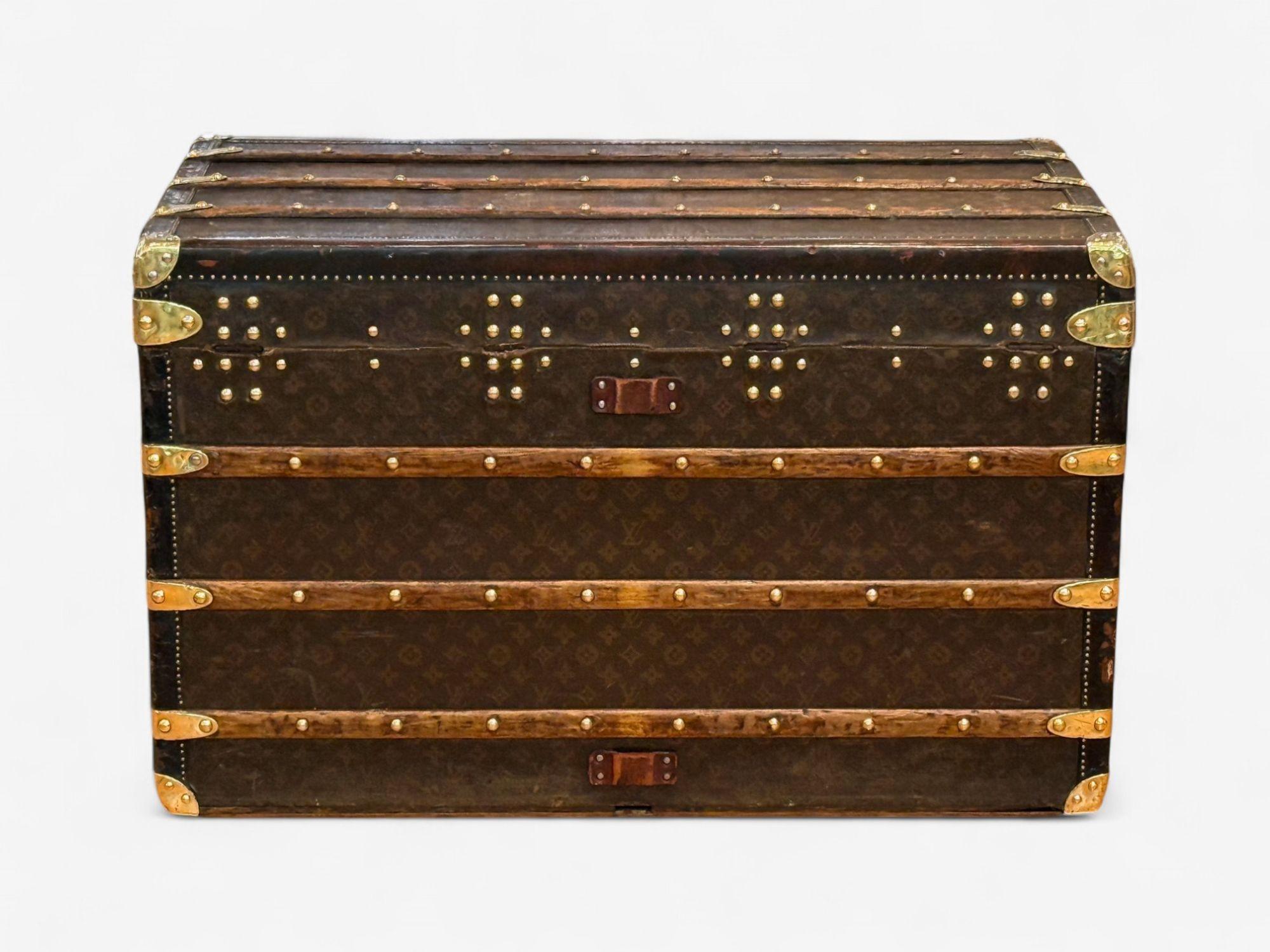 Louis Vuitton, Brown Leather, Monogram Canvas, Vintage Steamer Trunk, France For Sale 5