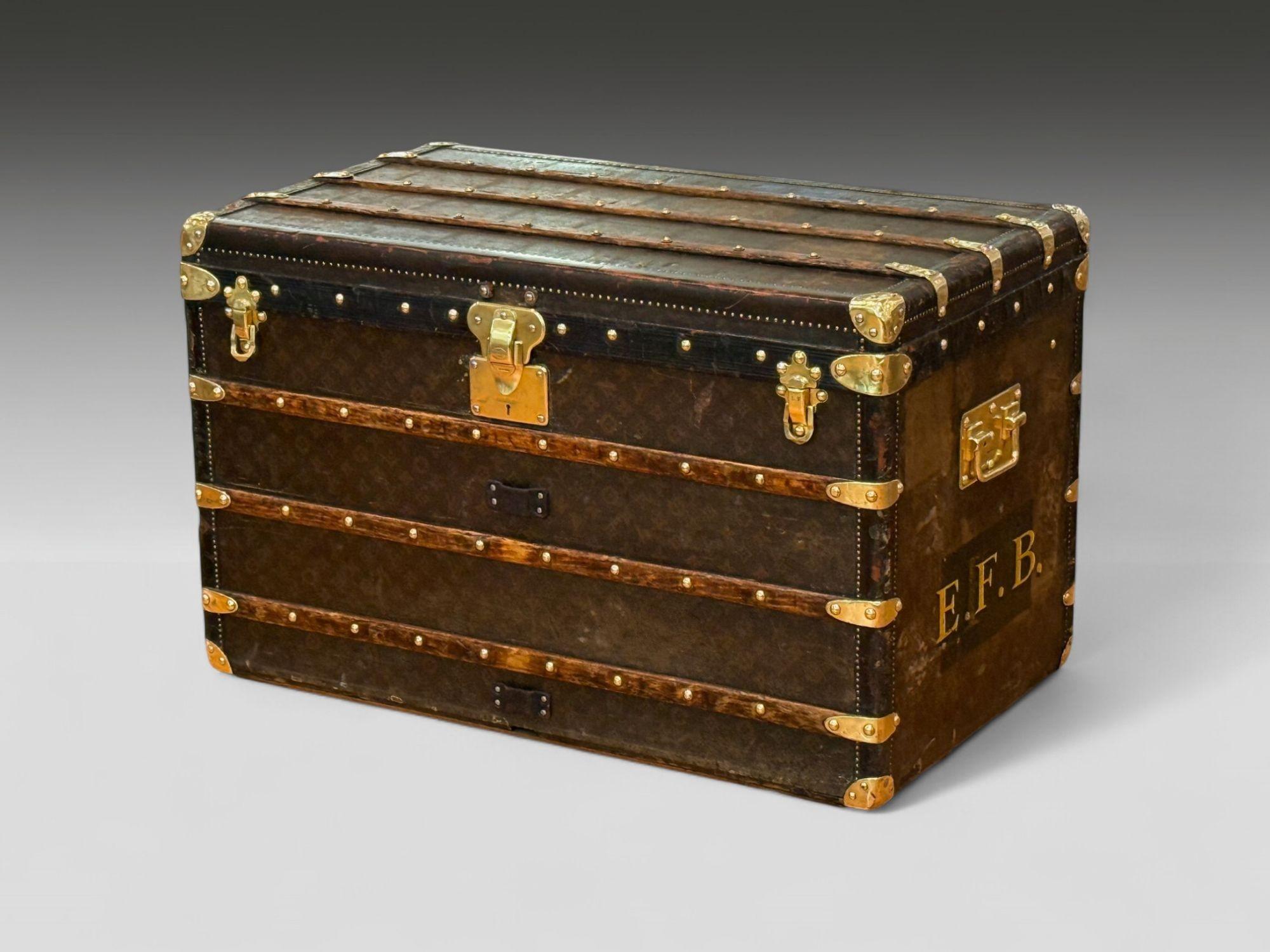 Louis Vuitton, Steamer Trunk, Distressed Brown Leather, Monogram Canvas, France, Early 20th Century

Large vintage steamer or luggage trunk by notorious French fashion house, Louis Vuitton circa 1920s/30s. This example is monogrammed with the