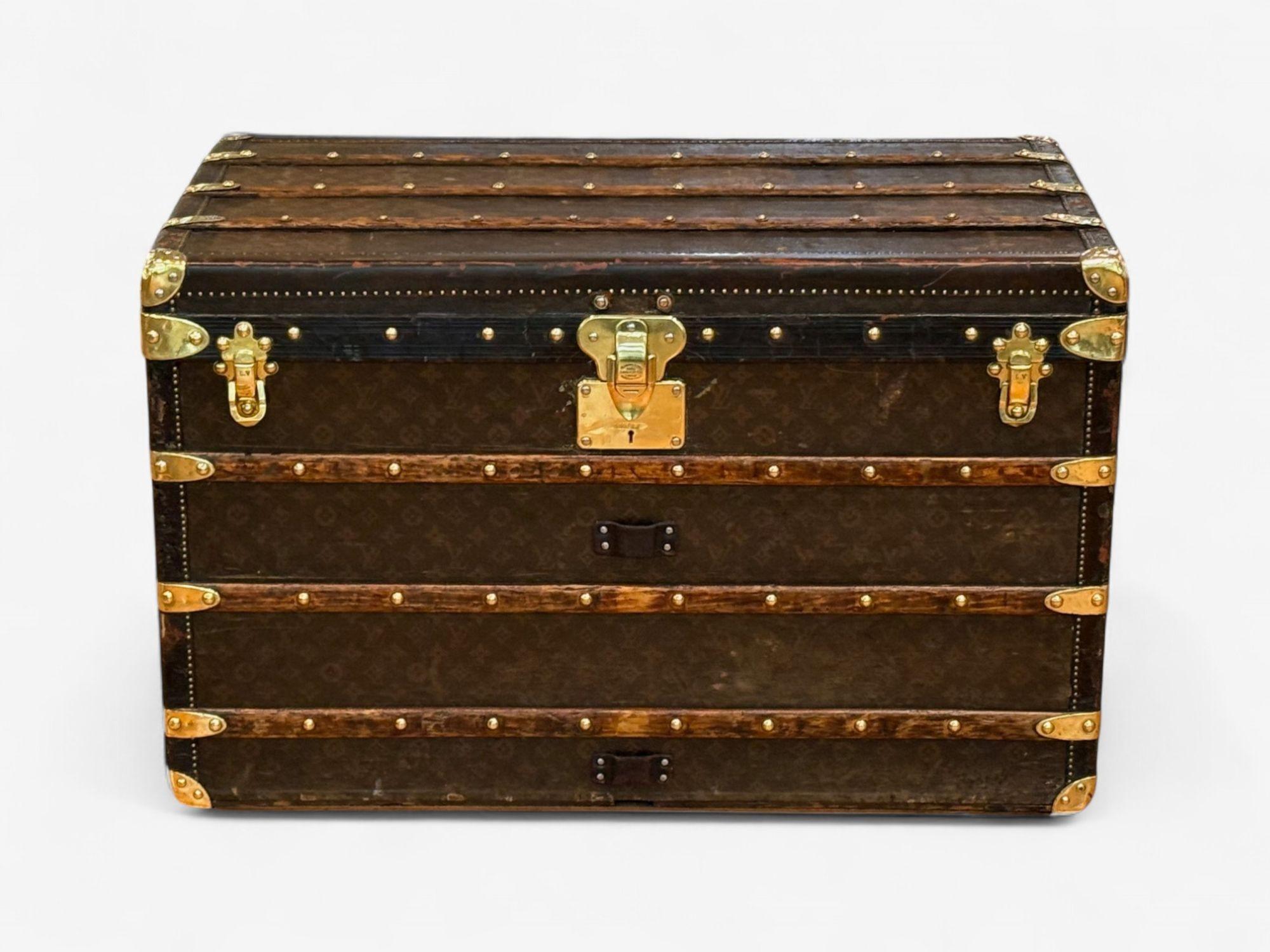Modern Louis Vuitton, Brown Leather, Monogram Canvas, Vintage Steamer Trunk, France For Sale