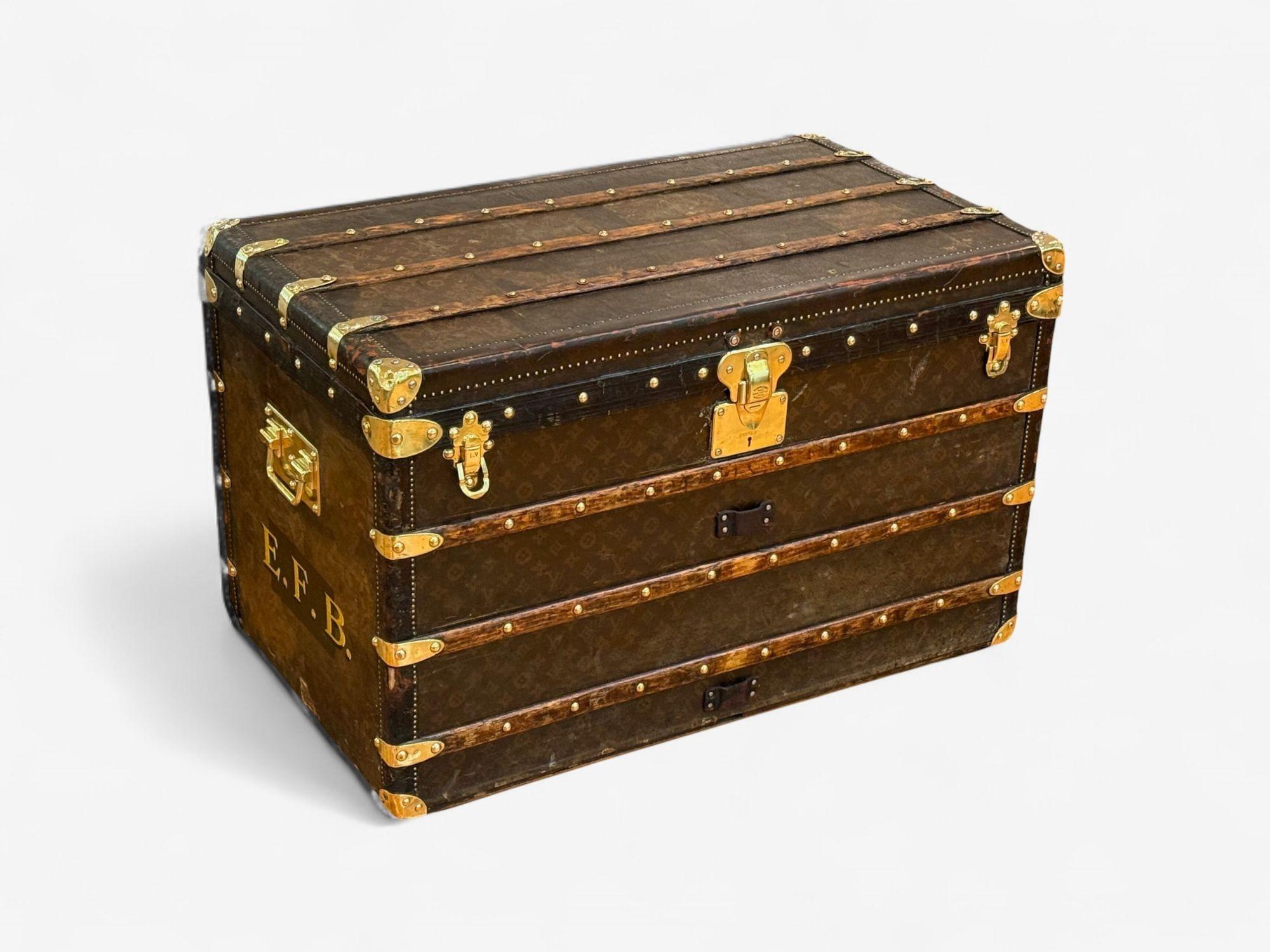 French Louis Vuitton, Brown Leather, Monogram Canvas, Vintage Steamer Trunk, France For Sale