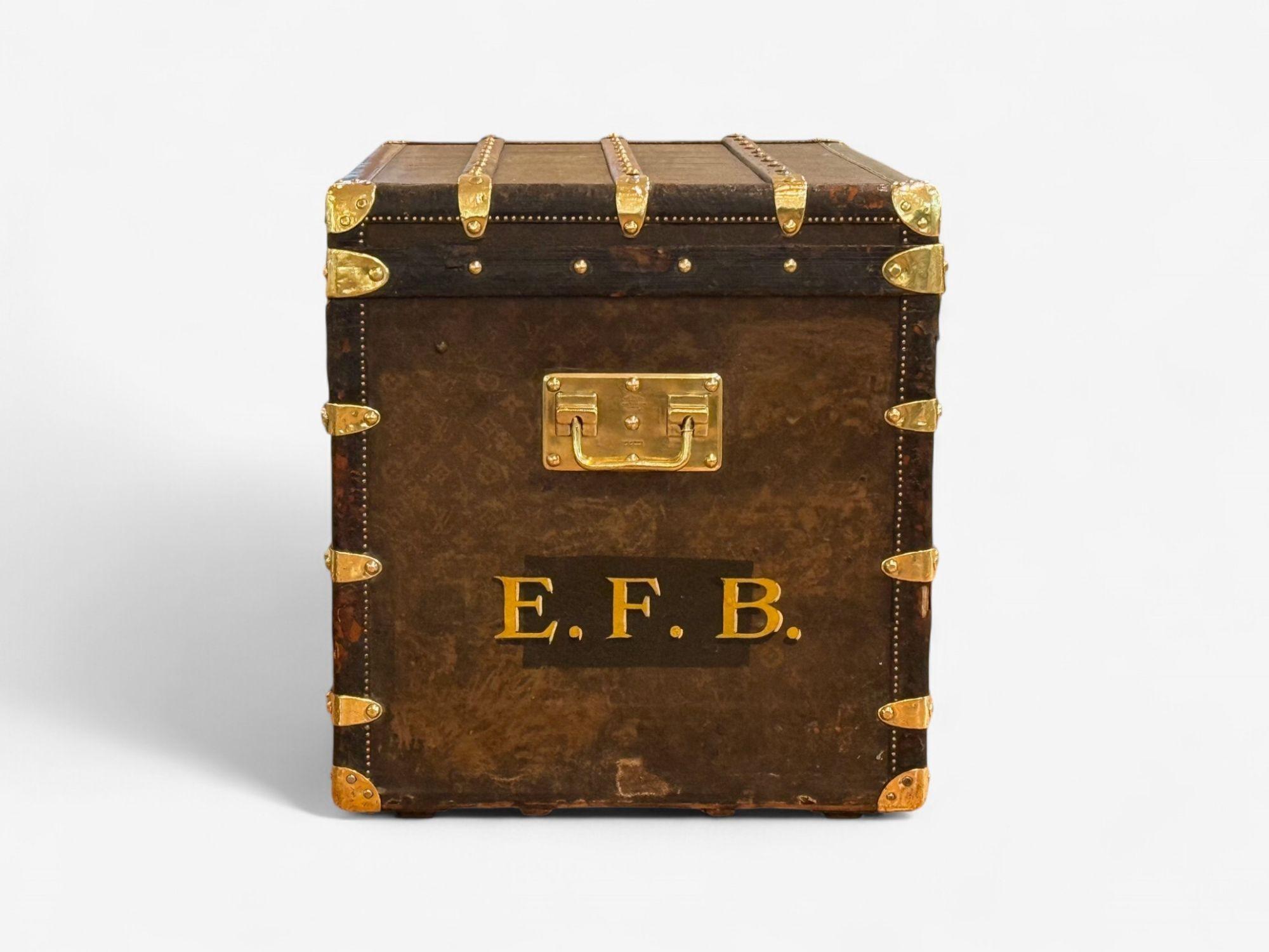 Early 20th Century Louis Vuitton, Brown Leather, Monogram Canvas, Vintage Steamer Trunk, France For Sale
