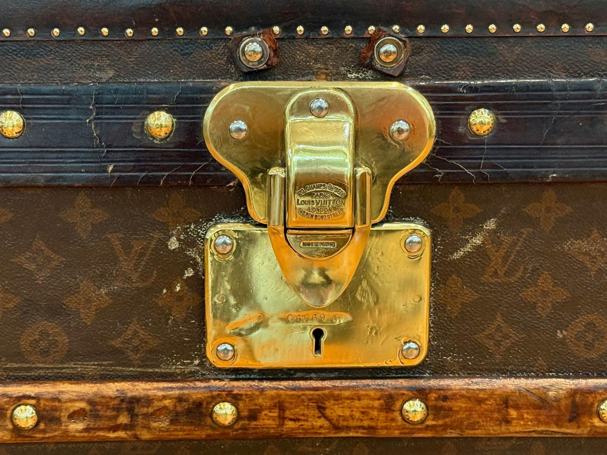 Brass Louis Vuitton, Brown Leather, Monogram Canvas, Vintage Steamer Trunk, France For Sale