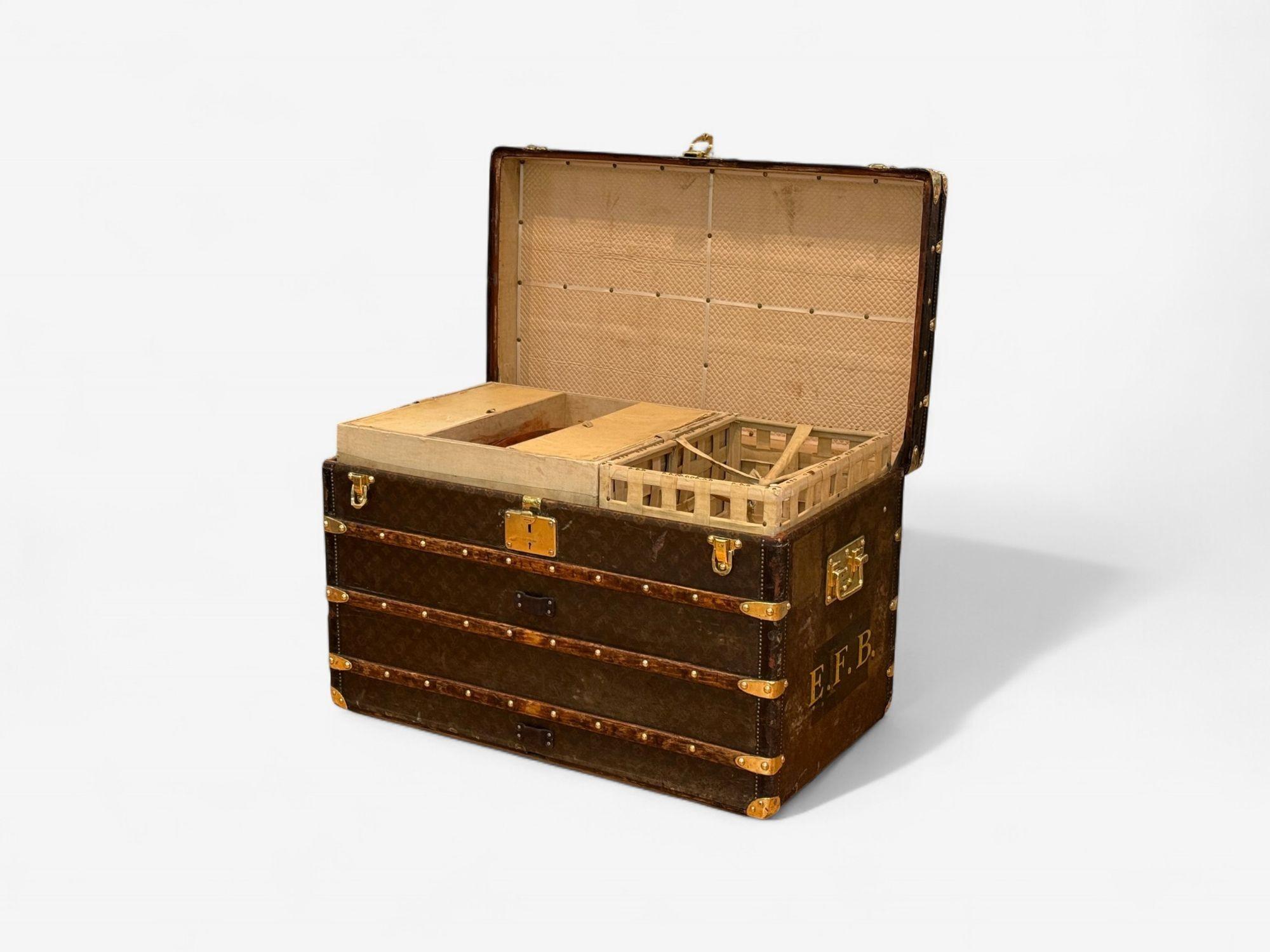 Louis Vuitton, Brown Leather, Monogram Canvas, Vintage Steamer Trunk, France For Sale 1