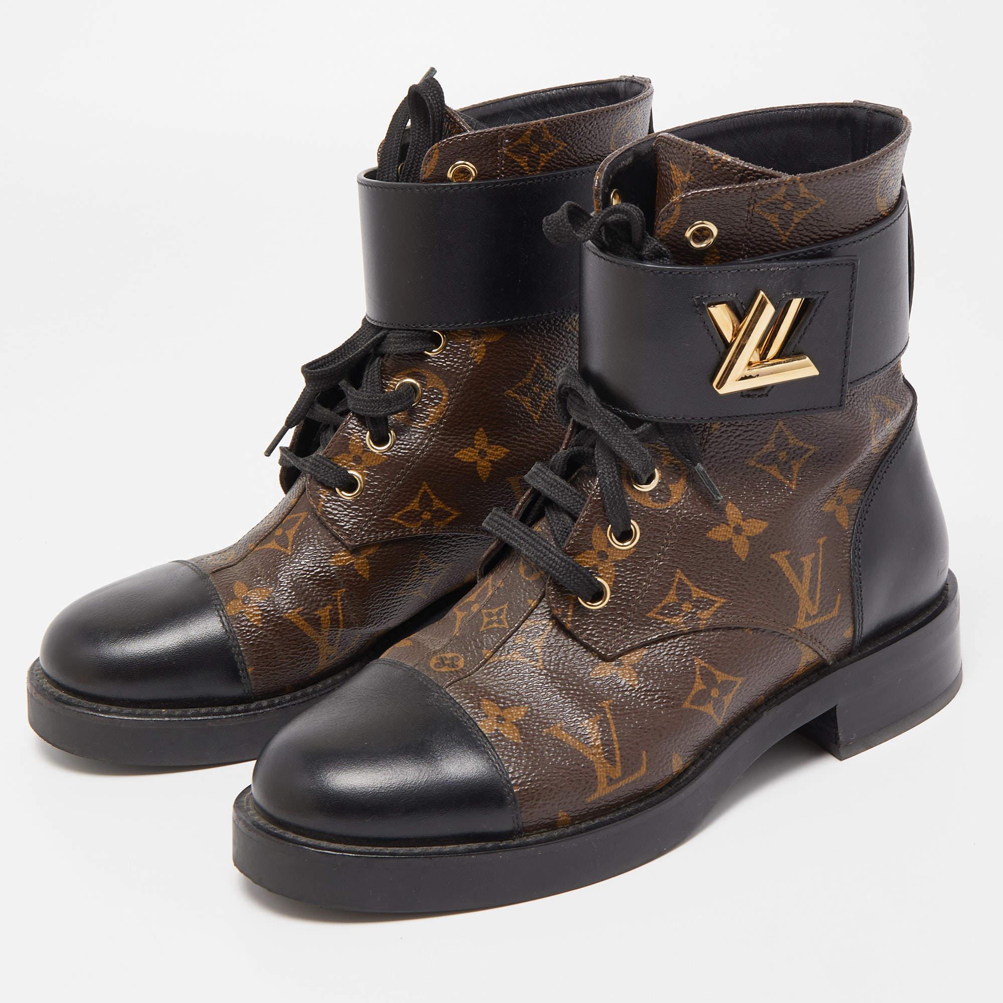 Louis Vuitton Brown Leather Monogram Canvas Wonderland Flat Ranger Boots Size 37 In Good Condition In Dubai, Al Qouz 2
