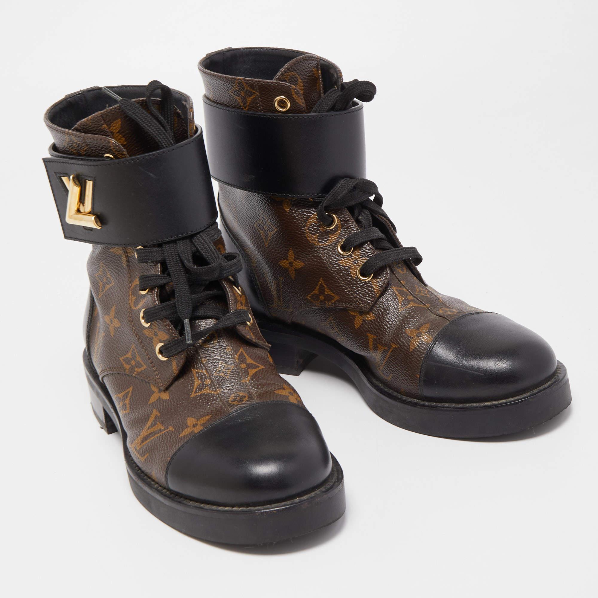 Women's Louis Vuitton Brown Leather Monogram Canvas Wonderland Flat Ranger Boots Size 37