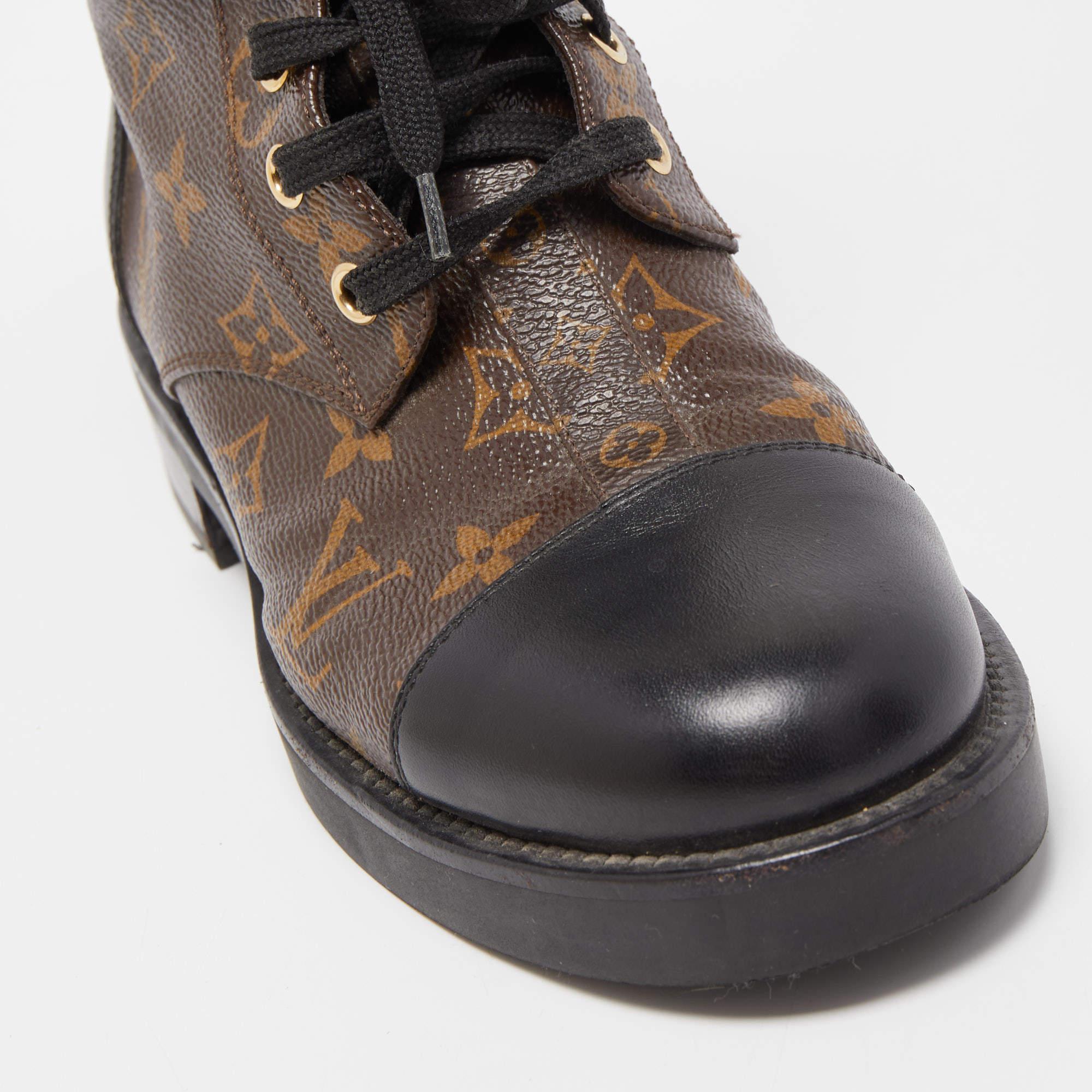 Louis Vuitton Brown Leather Monogram Canvas Wonderland Flat Ranger Boots Size 37 3