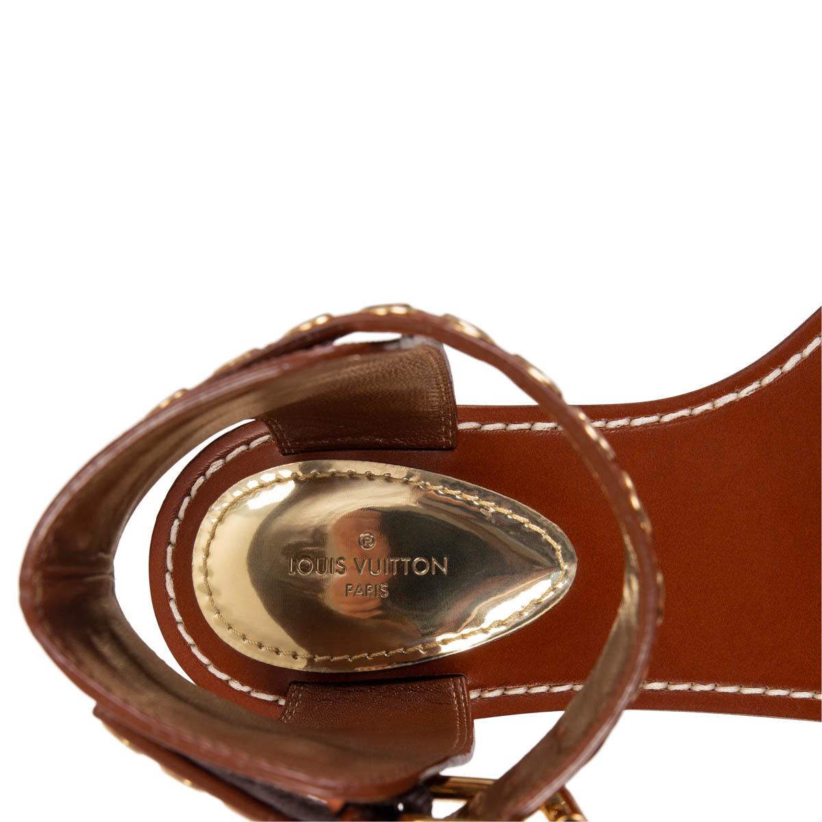 Brown LOUIS VUITTON brown leather & monogram PASSENGER Flat Sandals Shoes 38