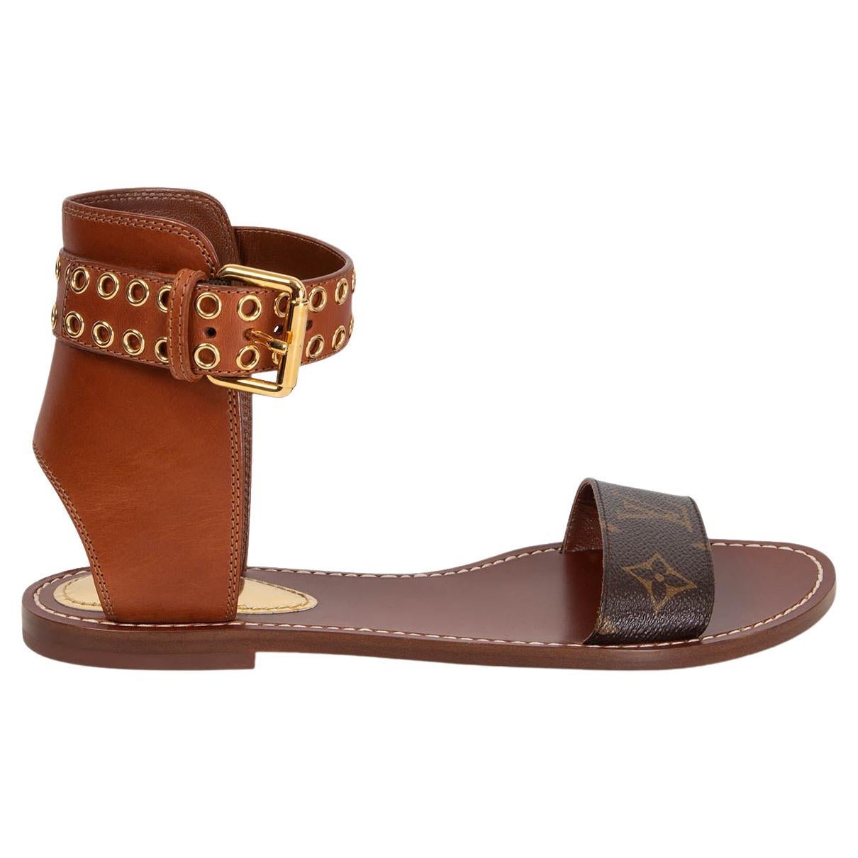 LOUIS VUITTON brown leather and monogram Flat Sandals Shoes at 1stDibs
