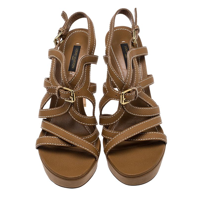 Louis Vuitton Brown Leather Platform Stappy Sandals Size 39 In Good Condition In Dubai, Al Qouz 2