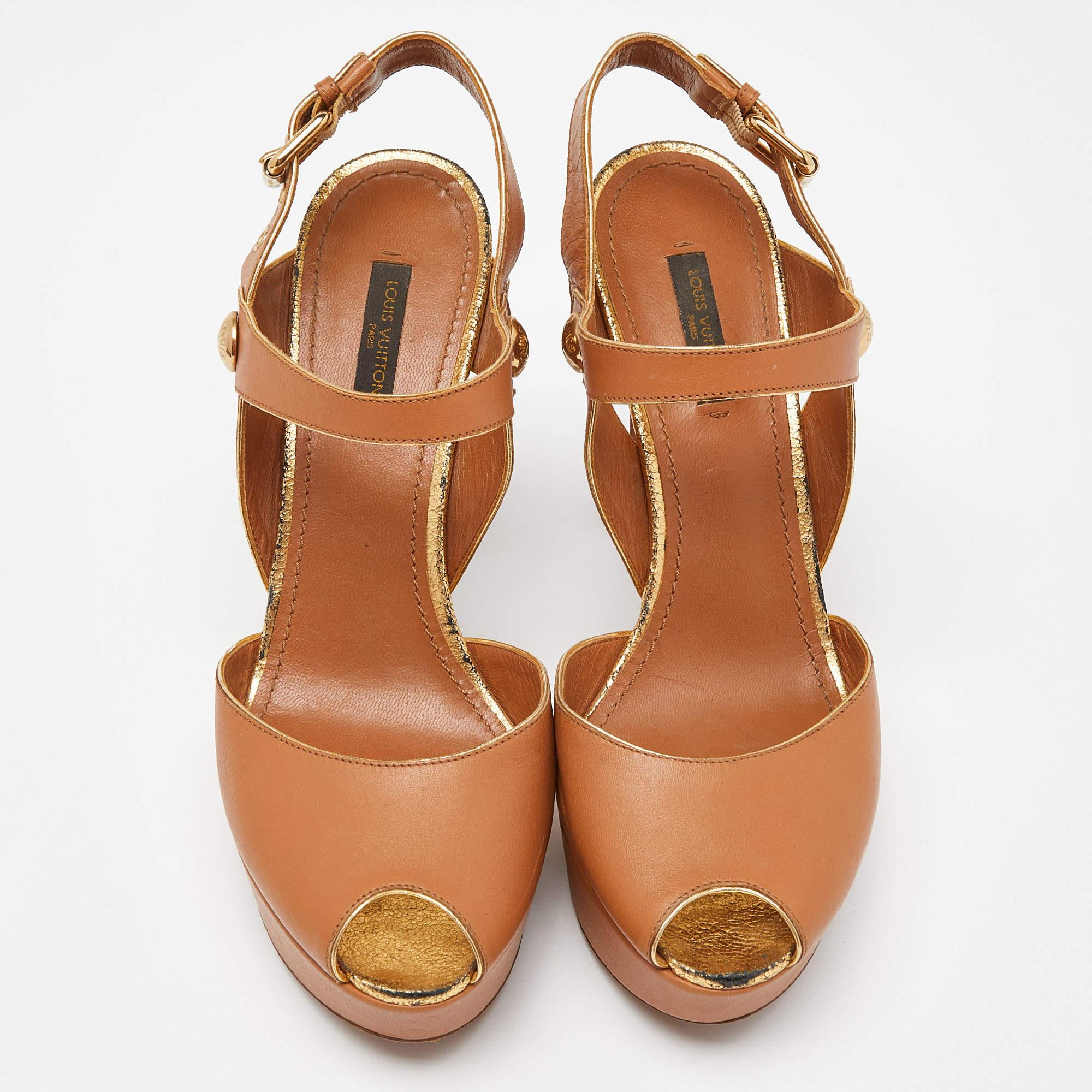 These Louis Vuitton sandals are crafted from leather in a brown shade that can go with many of your outfits. The 13cm heels and platforms will provide your feet with comfort all day long at work.

