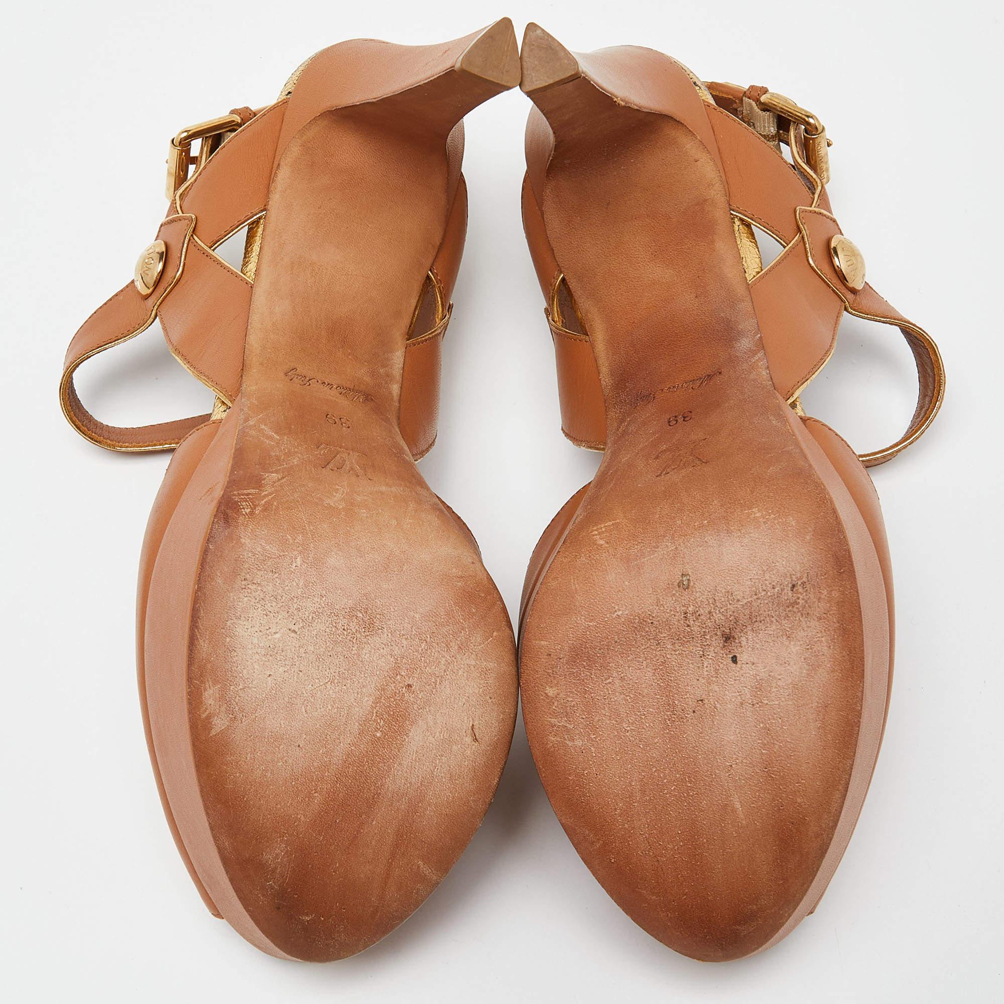 Louis Vuitton Brown Leather Slingback Platform Sandals Size 39 For Sale 3