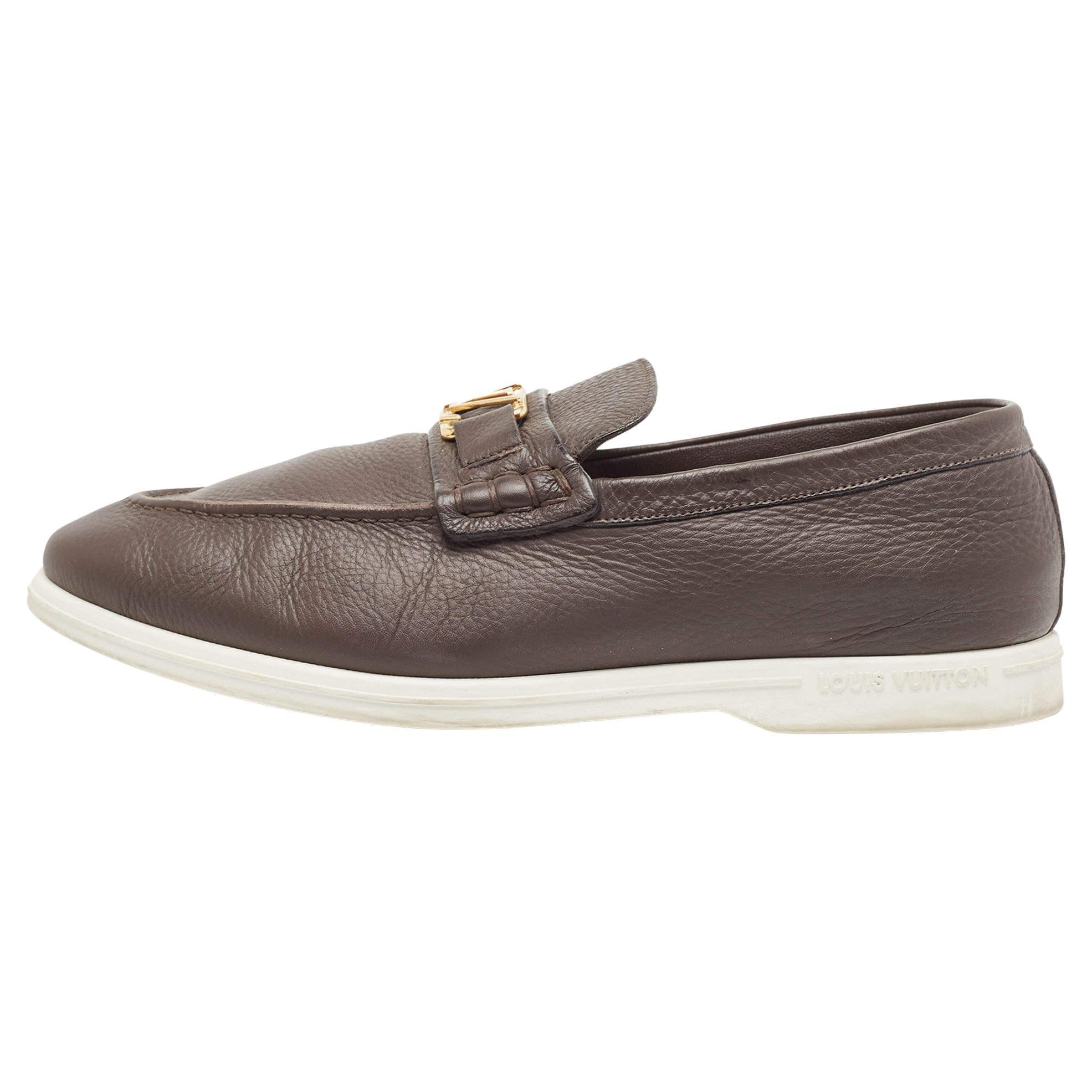 Louis Vuitton Brown Leather Slip On Loafers Size 41.5 For Sale