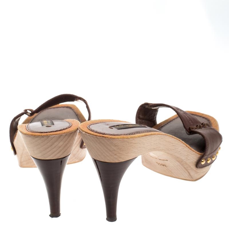 Women's Louis Vuitton Brown Leather Studded Open Toe Platform Sandals Size 36.5