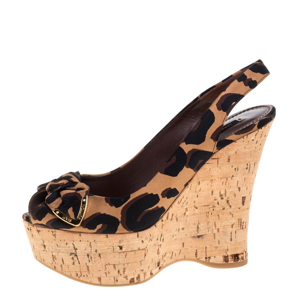 Louis Vuitton Brown Leopard Print Canvas Wedge Platform Sandals Size 37 1