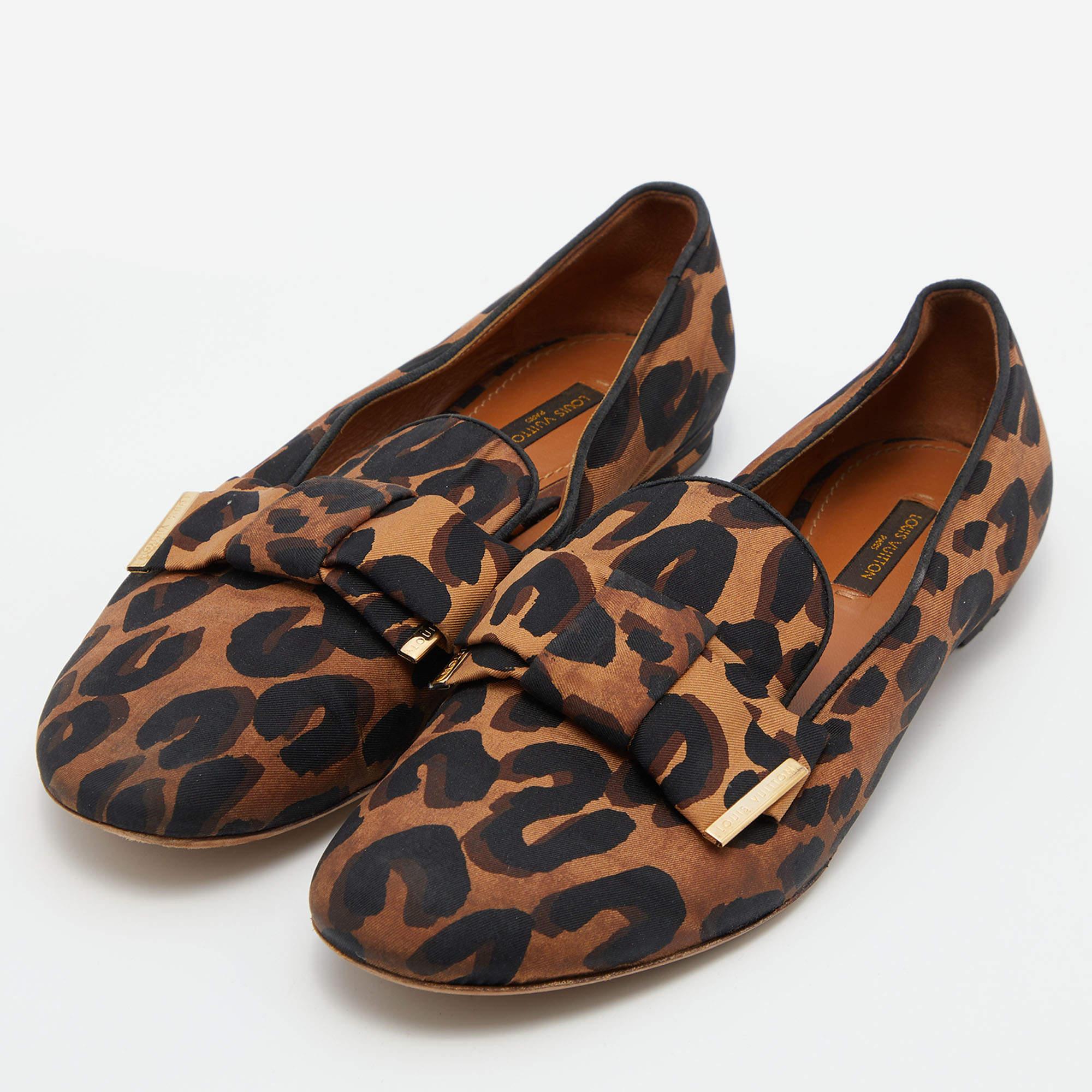 Louis Vuitton Brown Leopard Printed Fabric Bow Detail Smoking Slippers Size 39 1