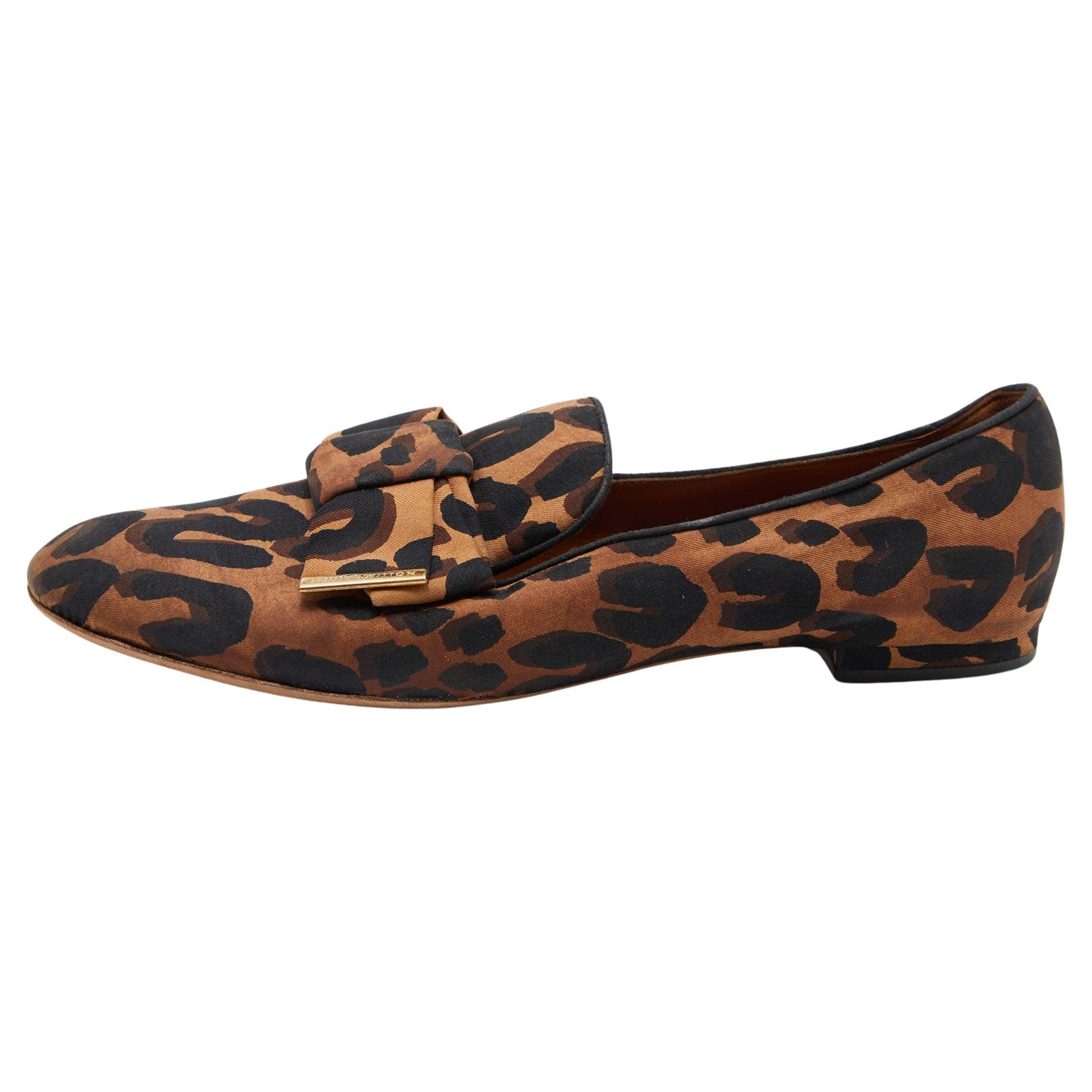 Louis Vuitton Brown Leopard Printed Fabric Bow Detail Smoking Slippers Size 39