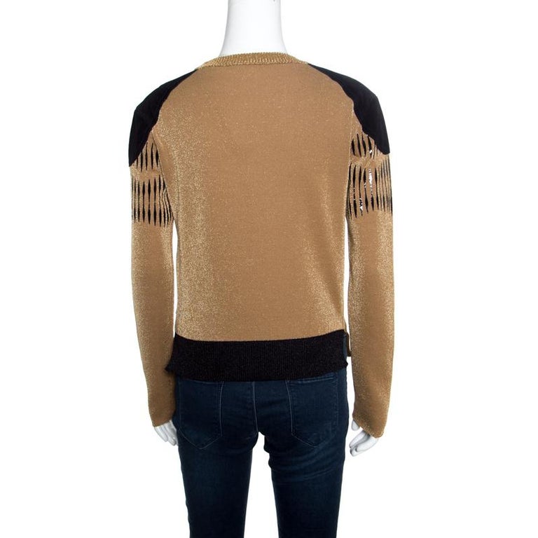 Louis Vuitton Brown Lurex Knit Contrast Suede Shoulder Patch Cropped Sweater  XS For Sale at 1stDibs