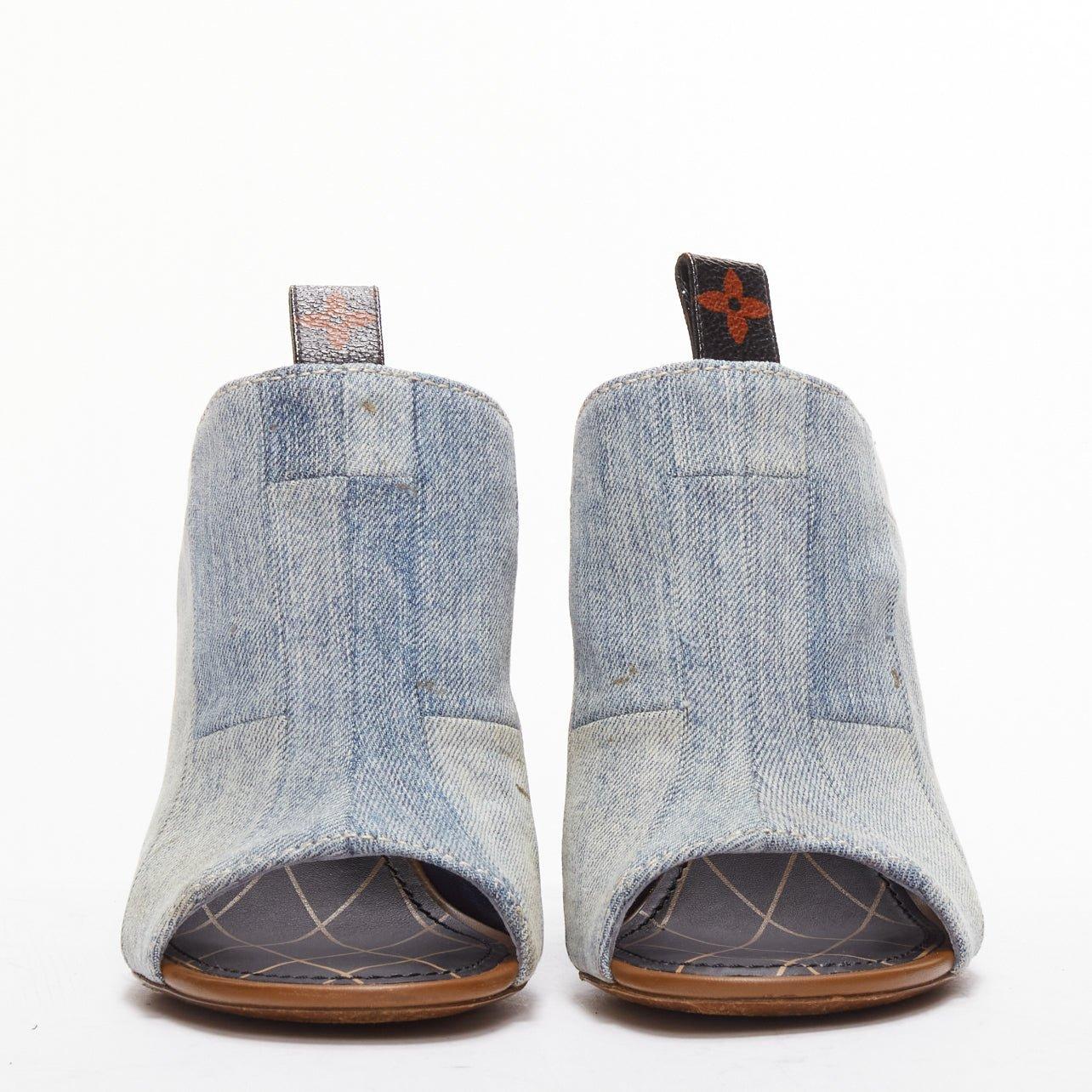 Gray LOUIS VUITTON brown LV flower heel denim patchwork mules EU38