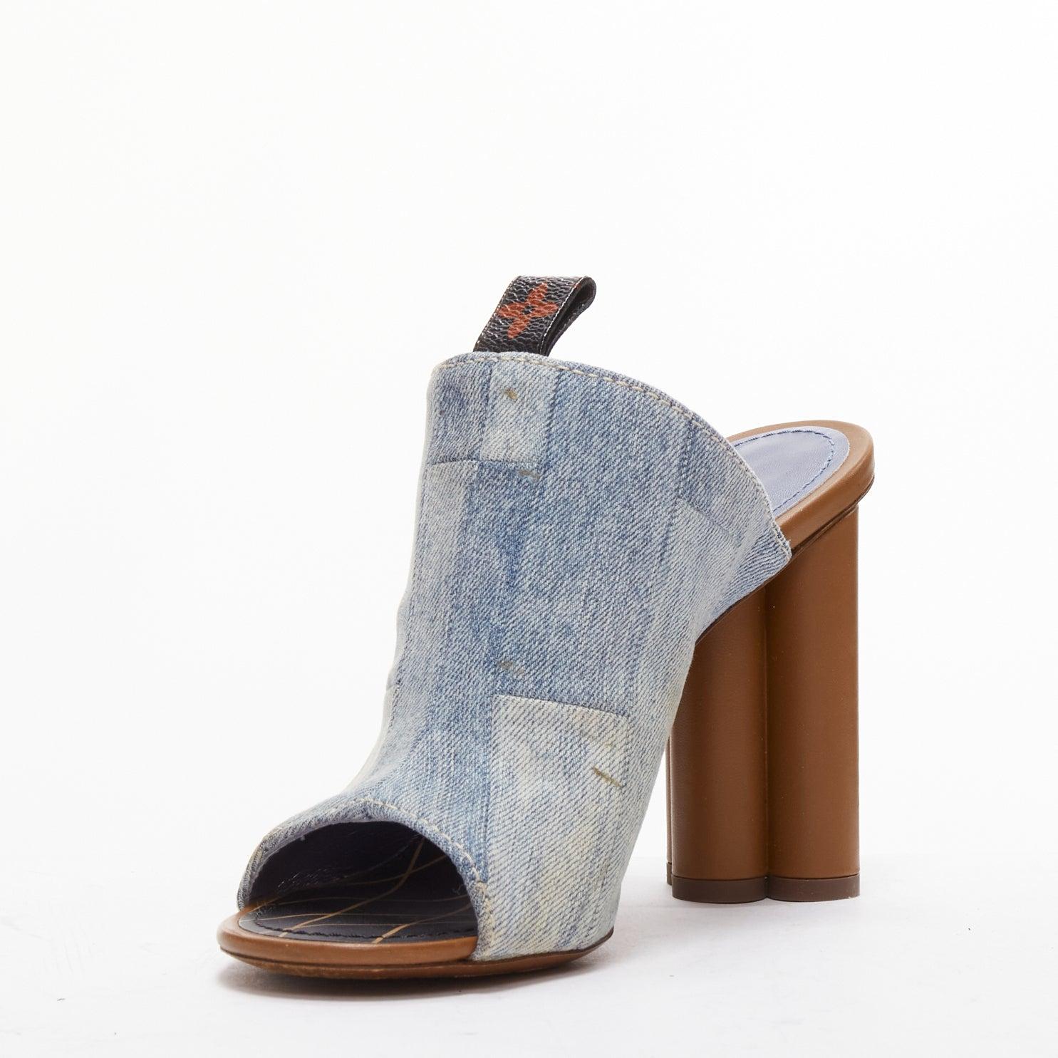 LOUIS VUITTON brown LV flower heel denim patchwork mules EU38 In Good Condition In Hong Kong, NT