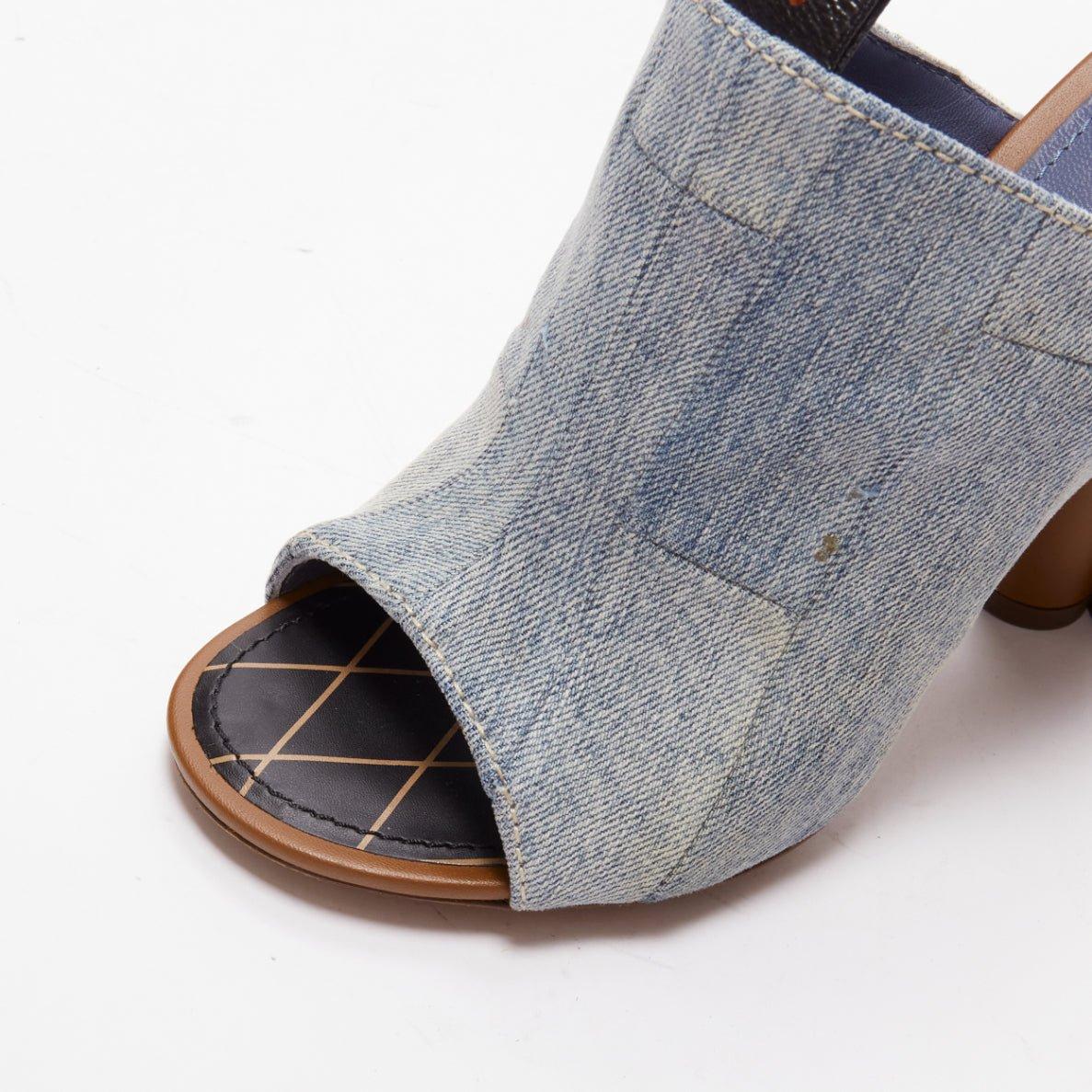 LOUIS VUITTON brown LV flower heel denim patchwork mules EU38 2