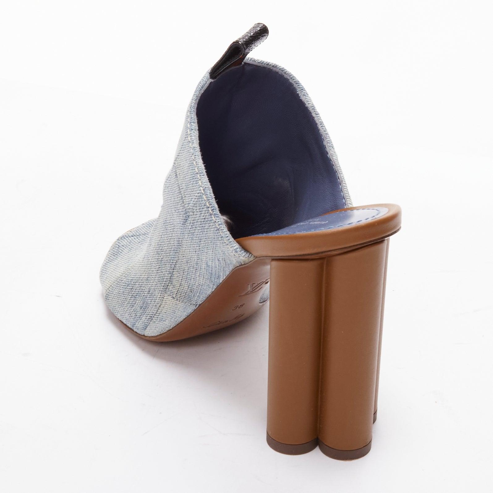 LOUIS VUITTON brown LV flower heel denim patchwork mules EU38 3