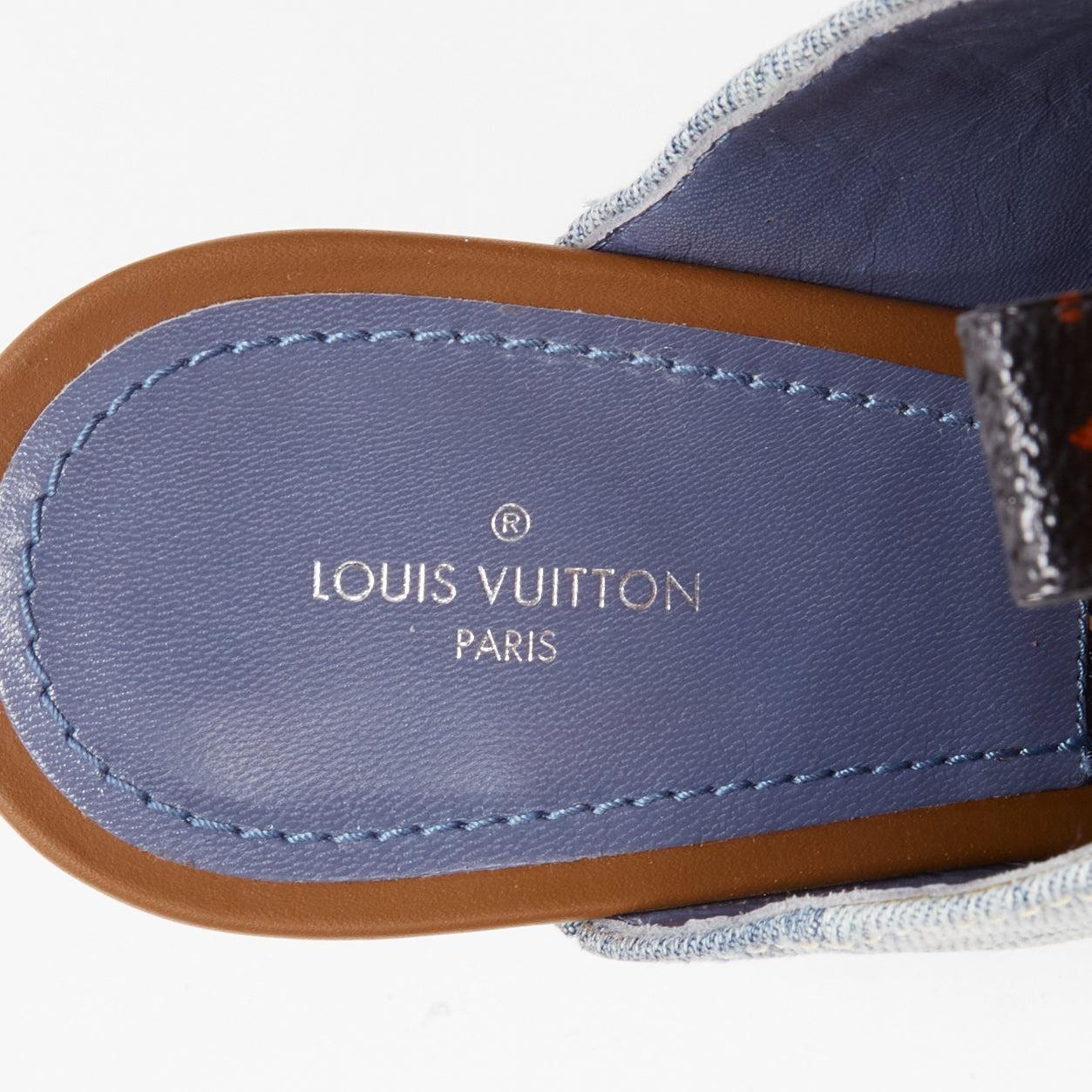 LOUIS VUITTON brown LV flower heel denim patchwork mules EU38 3