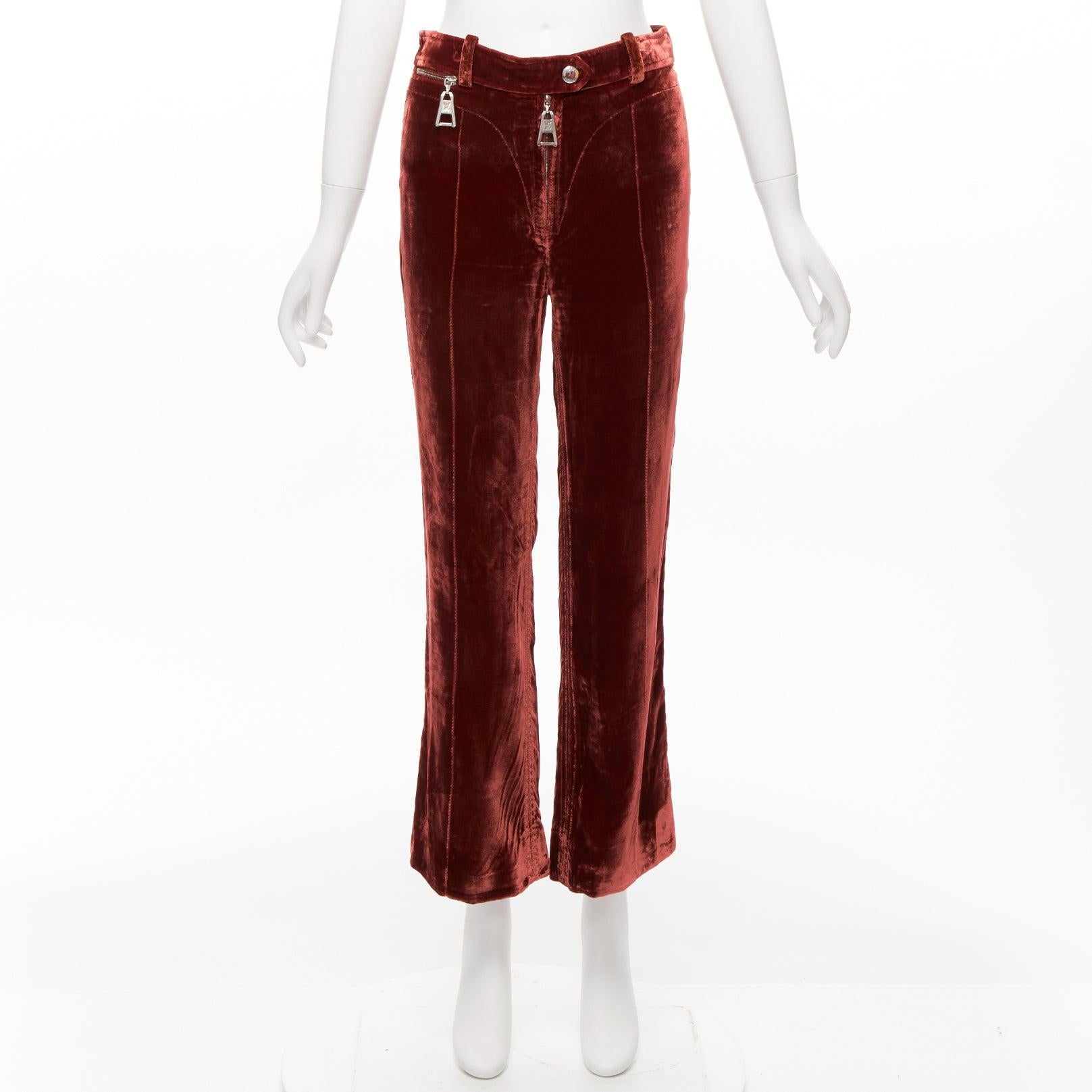 LOUIS VUITTON brown LV logo XL zipper head velvet wide pants FR36 S 4