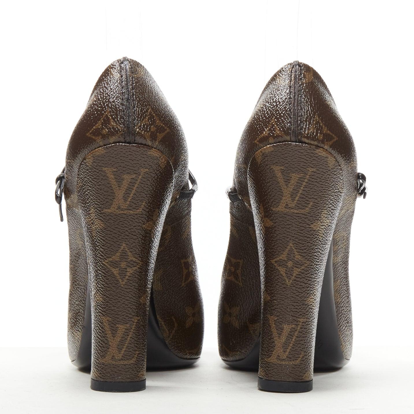 Women's LOUIS VUITTON brown LV monogram bow maryjane chunky heel pump EU36.5