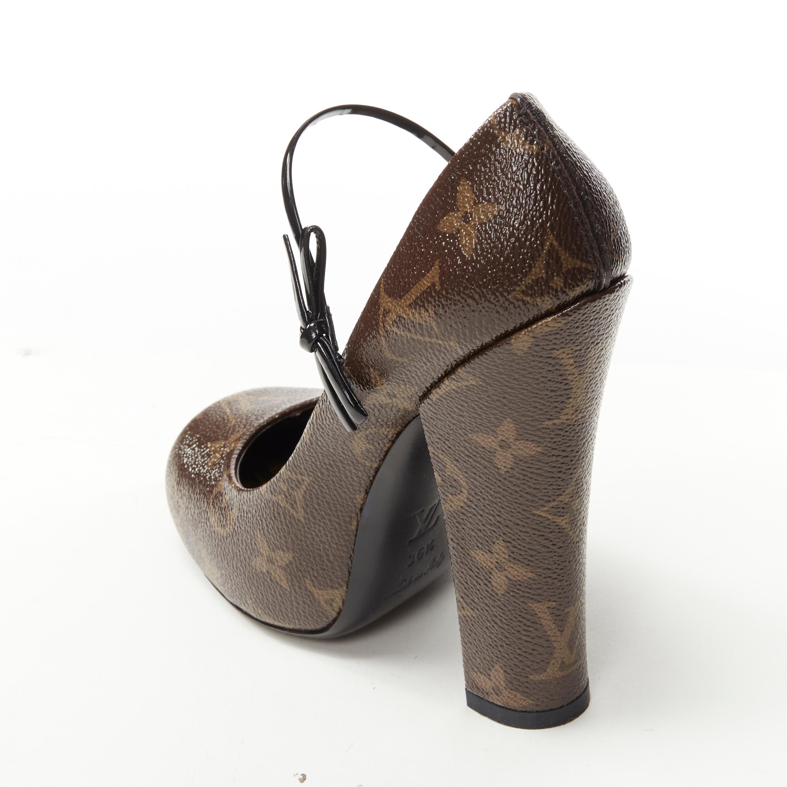 Women's LOUIS VUITTON brown LV monogram bow maryjane chunky heel pump EU36.5