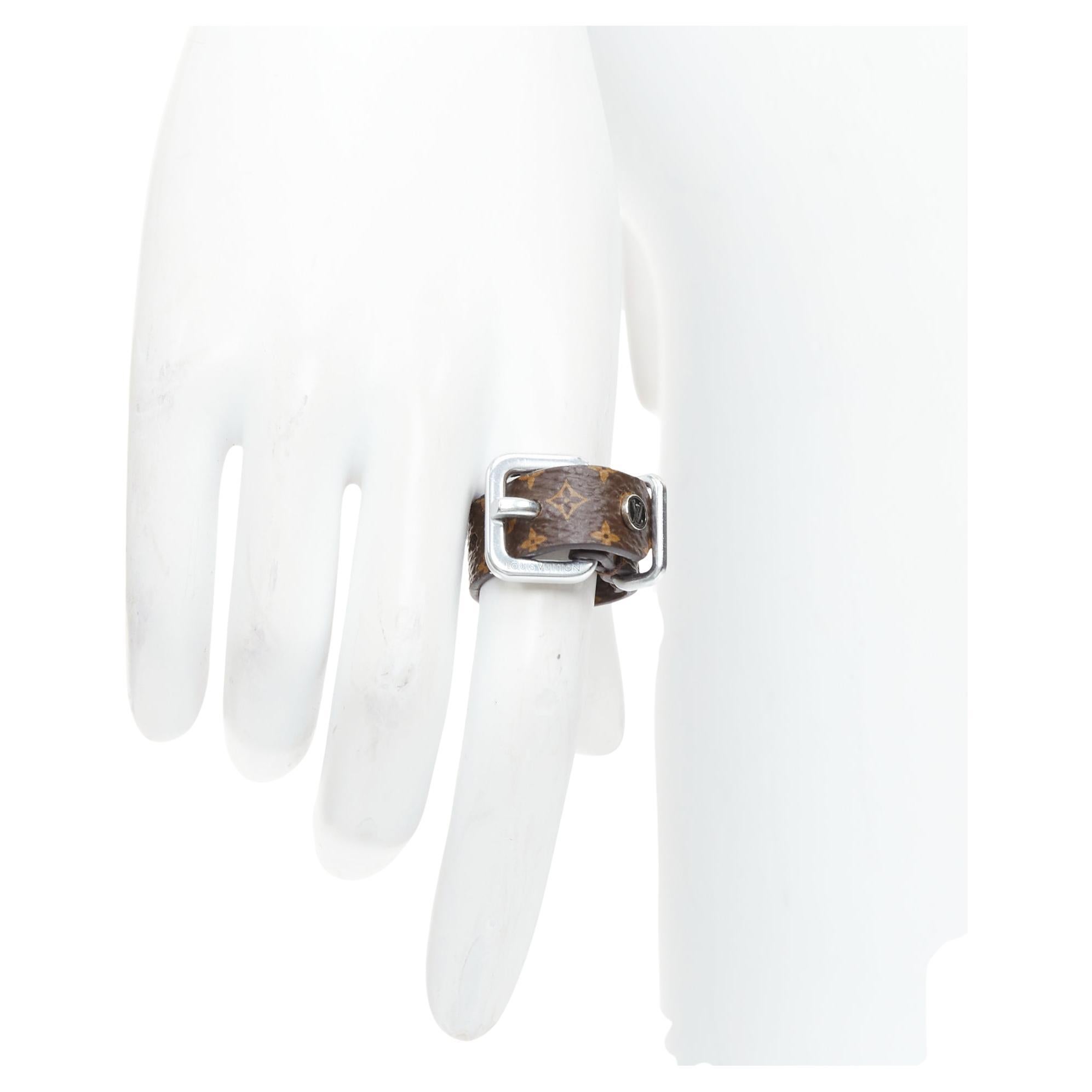 LOUIS VUITTON brown LV monogram canvas silver buckle ring