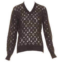 LOUIS VUITTON brown mohair blend LV logo monogram sheer knit sweater XS