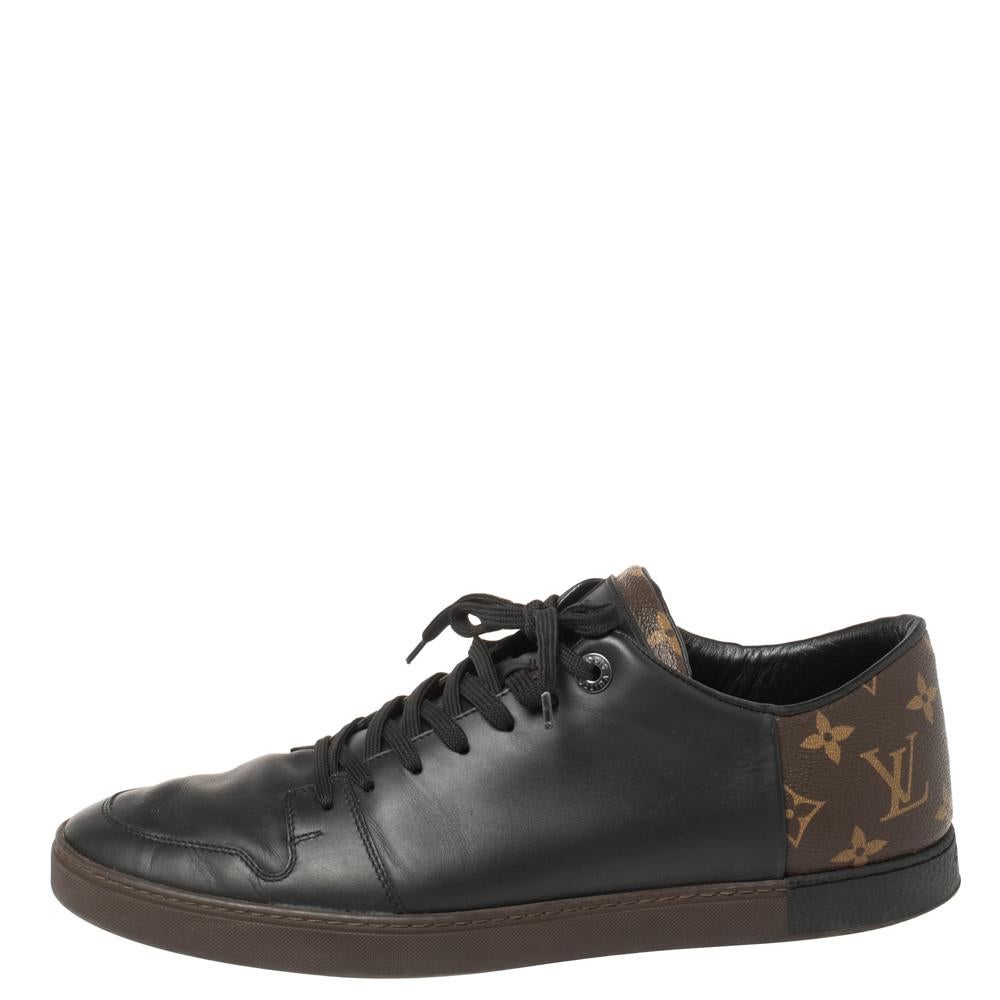 Men's Louis Vuitton Brown Monogram Canvas and Black Leather Low Top Sneakers Size 42.5