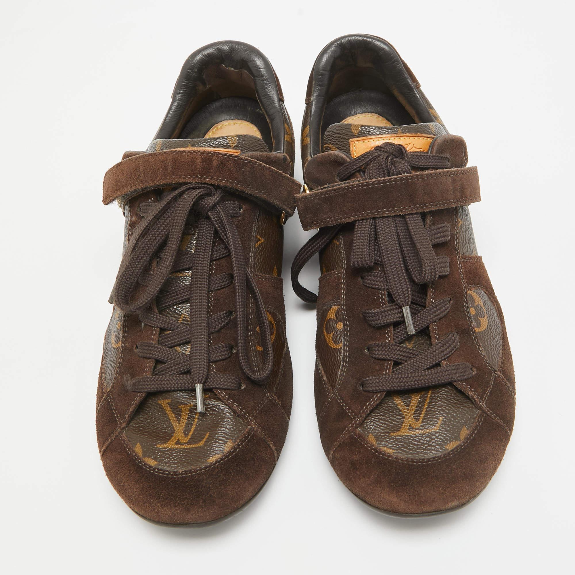 Louis Vuitton Brown Monogram Canvas and Leather Speeding Velcro Sneakers Size 37 In Good Condition In Dubai, Al Qouz 2