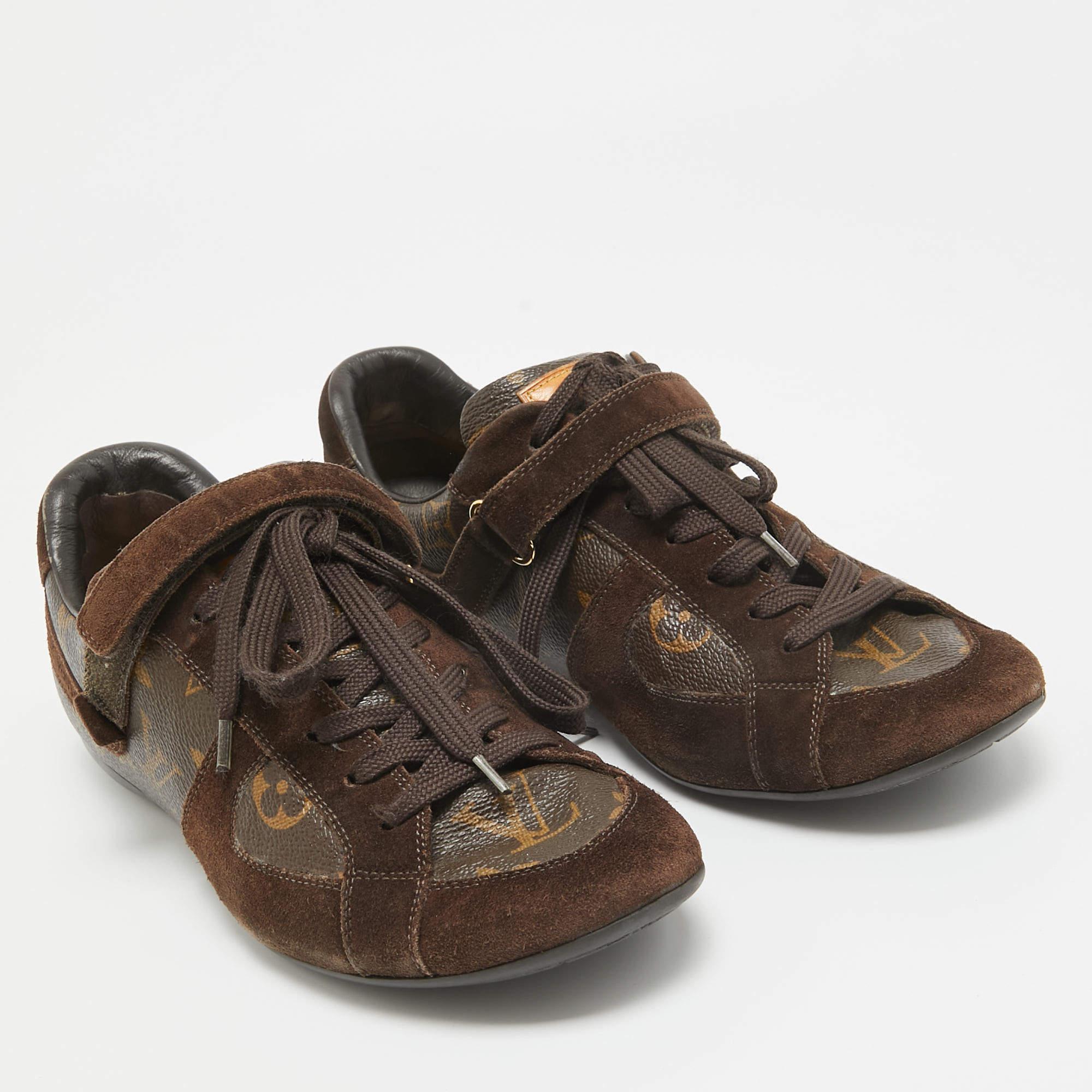 Women's Louis Vuitton Brown Monogram Canvas and Leather Speeding Velcro Sneakers Size 37