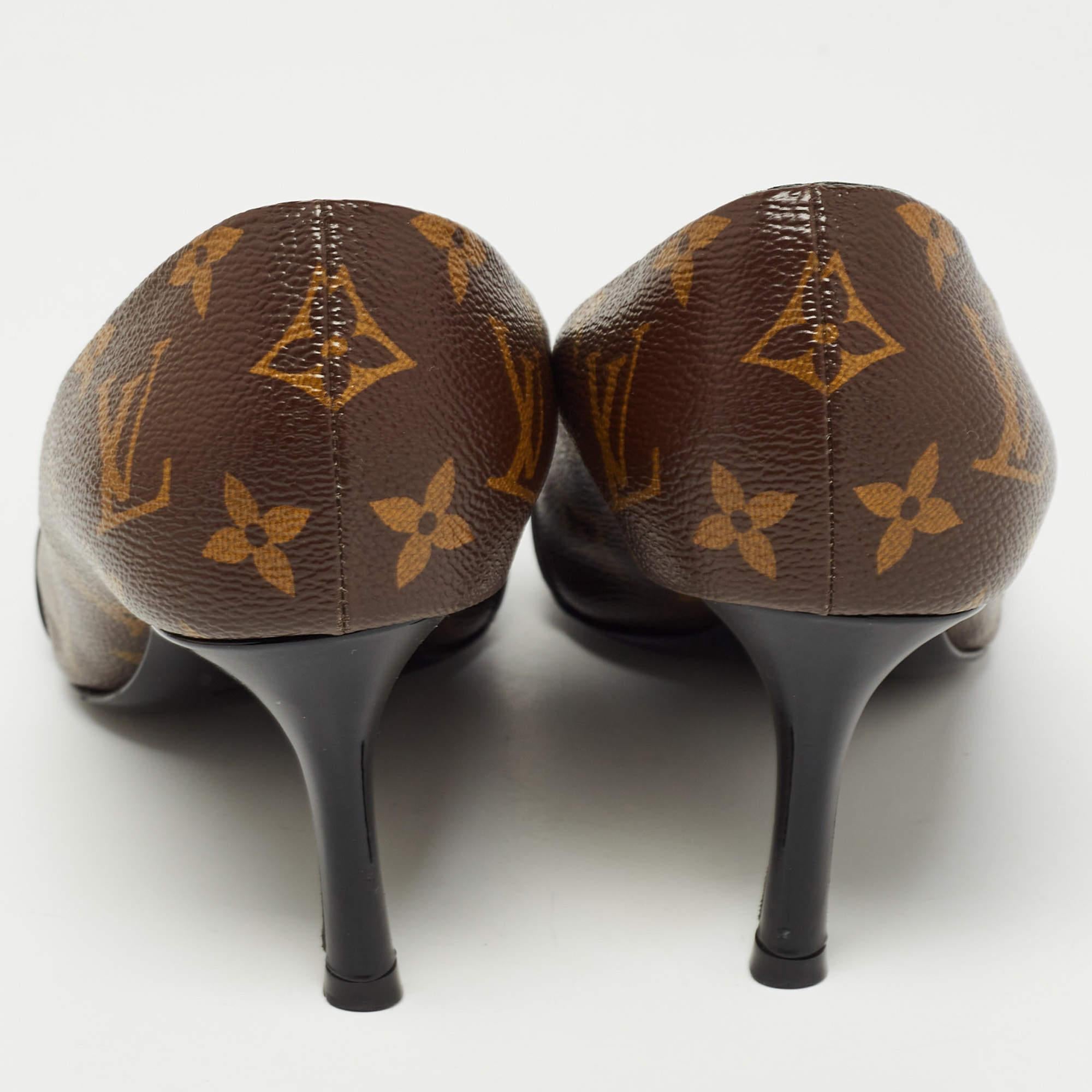 Louis Vuitton Brown Monogram Canvas and Patent Leather Chérie Pumps Size 38 2