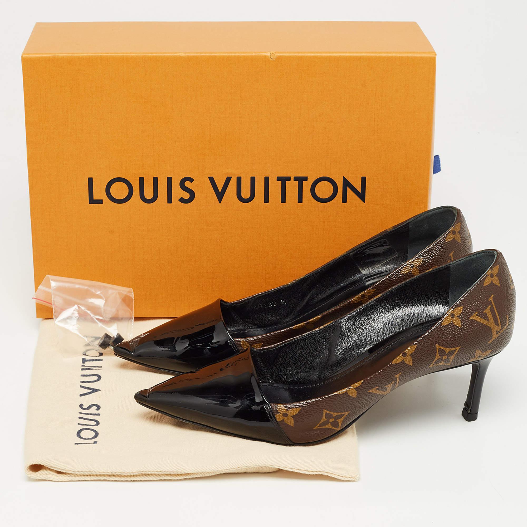 Louis Vuitton Brown Monogram Canvas and Patent Leather Chérie Pumps Size 38 For Sale 5