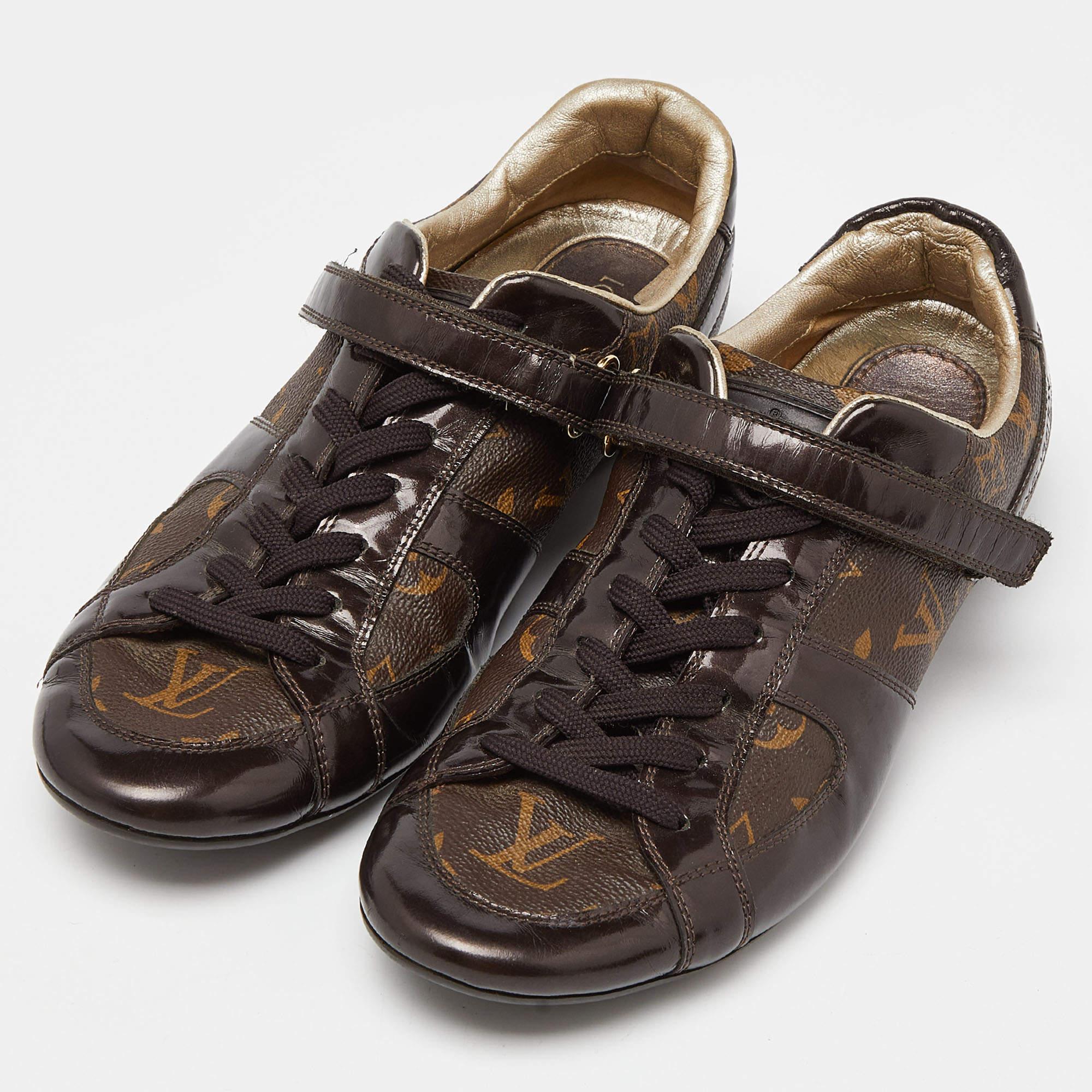 Louis Vuitton Brown Monogram Canvas and Patent Leather Gloe Trotter Sneakers Siz For Sale 1