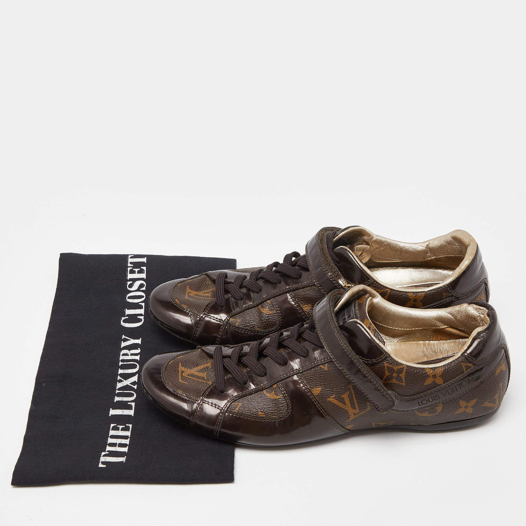 Louis Vuitton Brown Monogram Canvas and Patent Leather Gloe Trotter Sneakers Siz For Sale 5