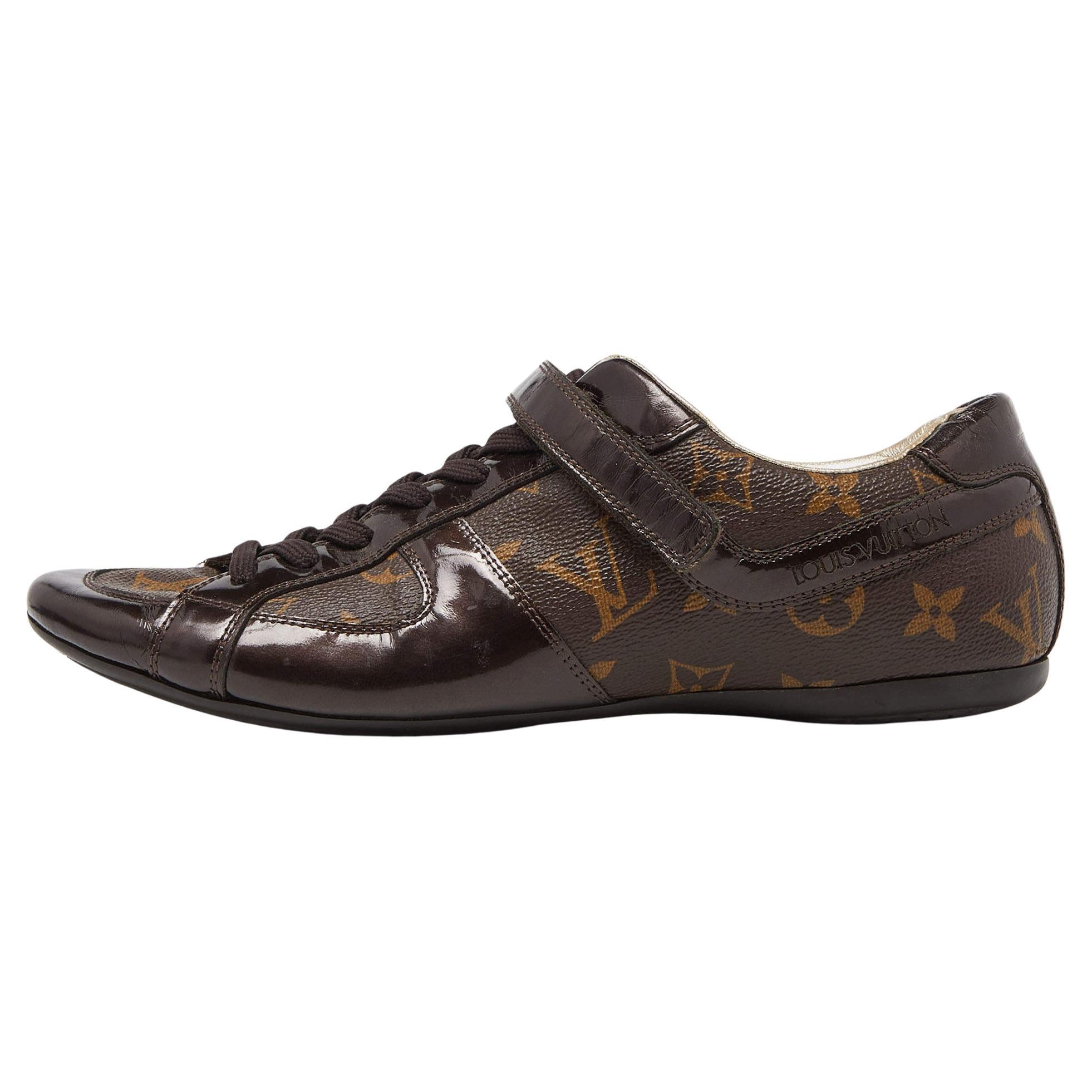 Louis Vuitton Brown Monogram Canvas and Patent Leather Gloe Trotter Sneakers Siz For Sale