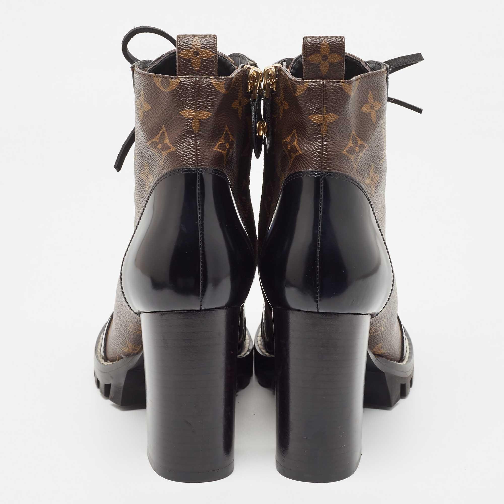 Louis Vuitton Brown Monogram Canvas and Patent Leather Star Trail Ankle Boots Si For Sale 1