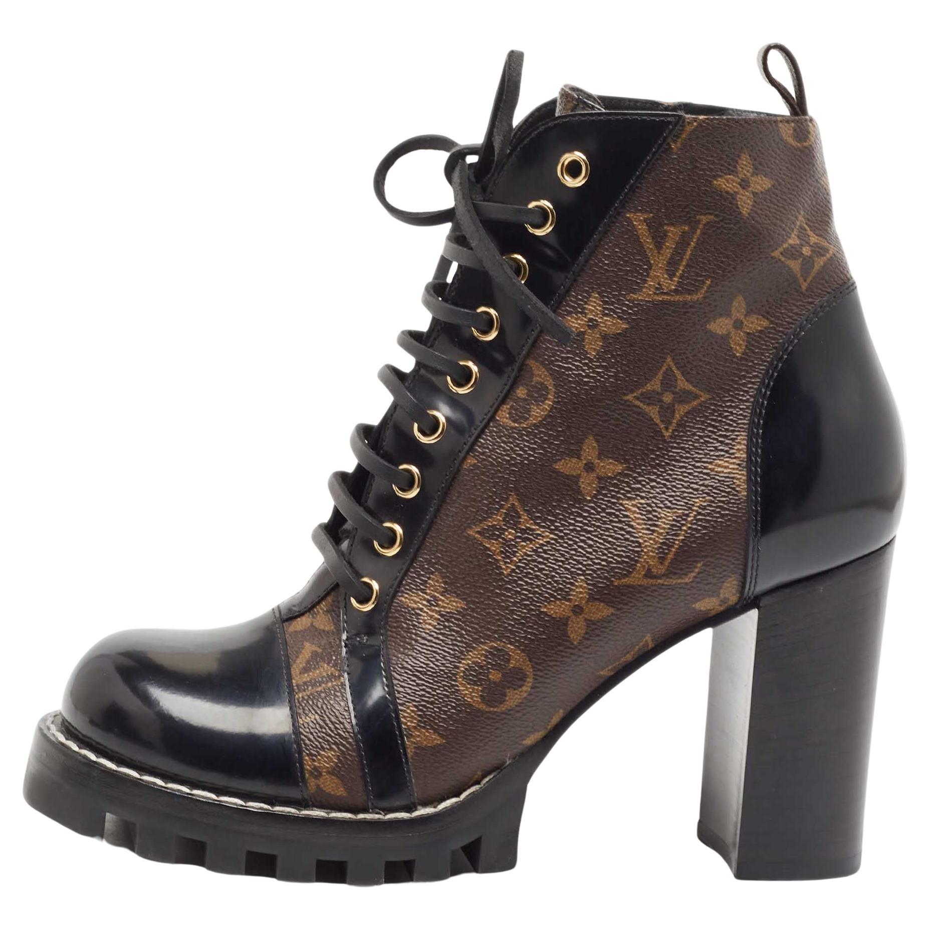 Louis Vuitton Brown Monogram Canvas and Patent Leather Star Trail Ankle Boots Si For Sale