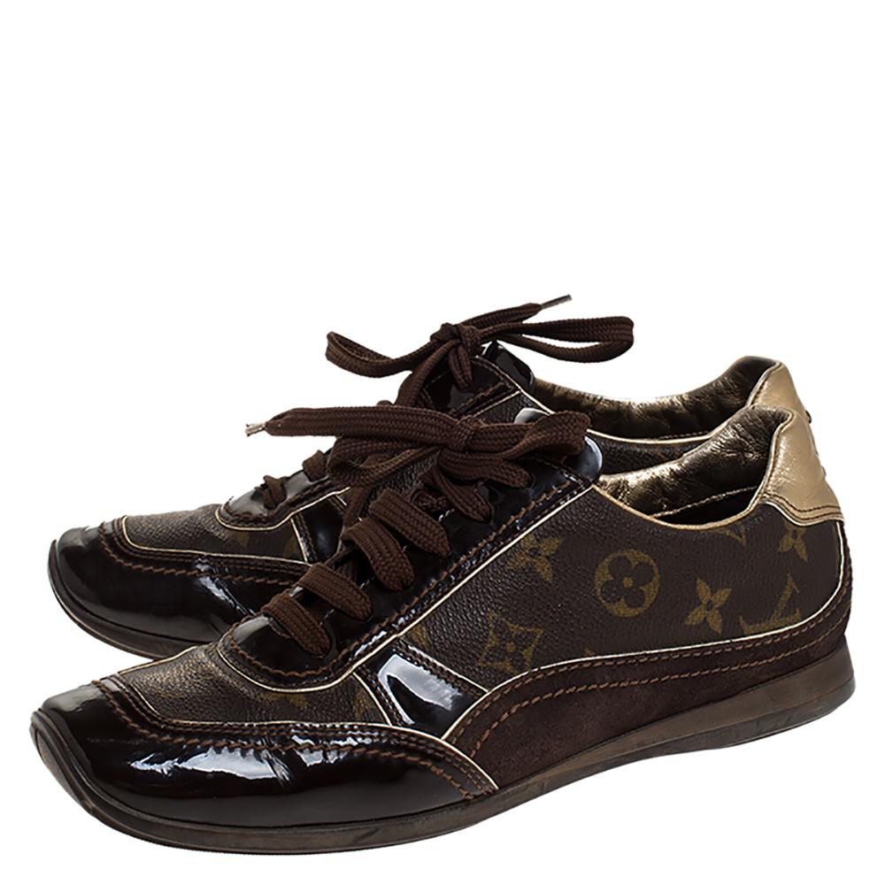 Louis Vuitton Brown Monogram Canvas and Suede Low Top Sneakers Size 38 In Good Condition In Dubai, Al Qouz 2