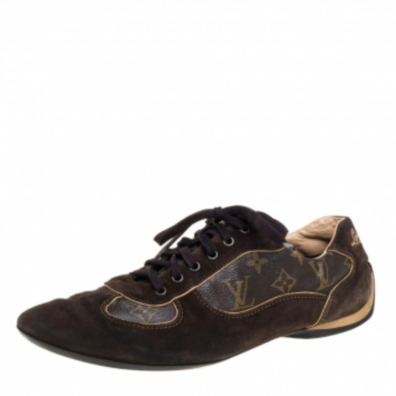 Fall in love with casual wear every time you step out in these sneakers from Louis Vuitton. They've been crafted from the signature monogram canvas and suede and styled with lace-ups on the vamps and brand details on the tongues and the counters.