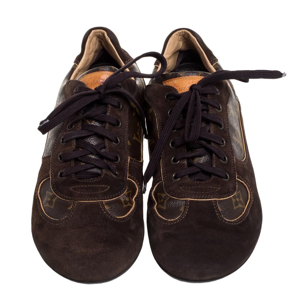 Fall in love with casual wear every time you step out in these sneakers from Louis Vuitton. They've been crafted from the signature monogram canvas and suede and styled with lace-ups on the vamps and brand details on the tongues and the counters.