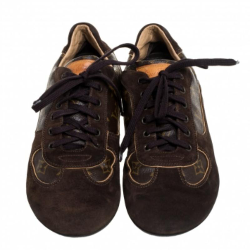 Men's Louis Vuitton Brown Monogram Canvas And  Suede Sneakers Size 43.5 For Sale