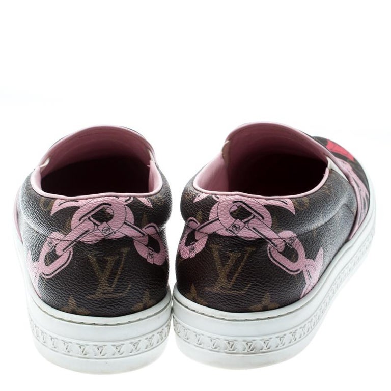 Size 8.5 Louis Vuitton Slip On Brown Monogram Sneakers With Red And Pink  Accent
